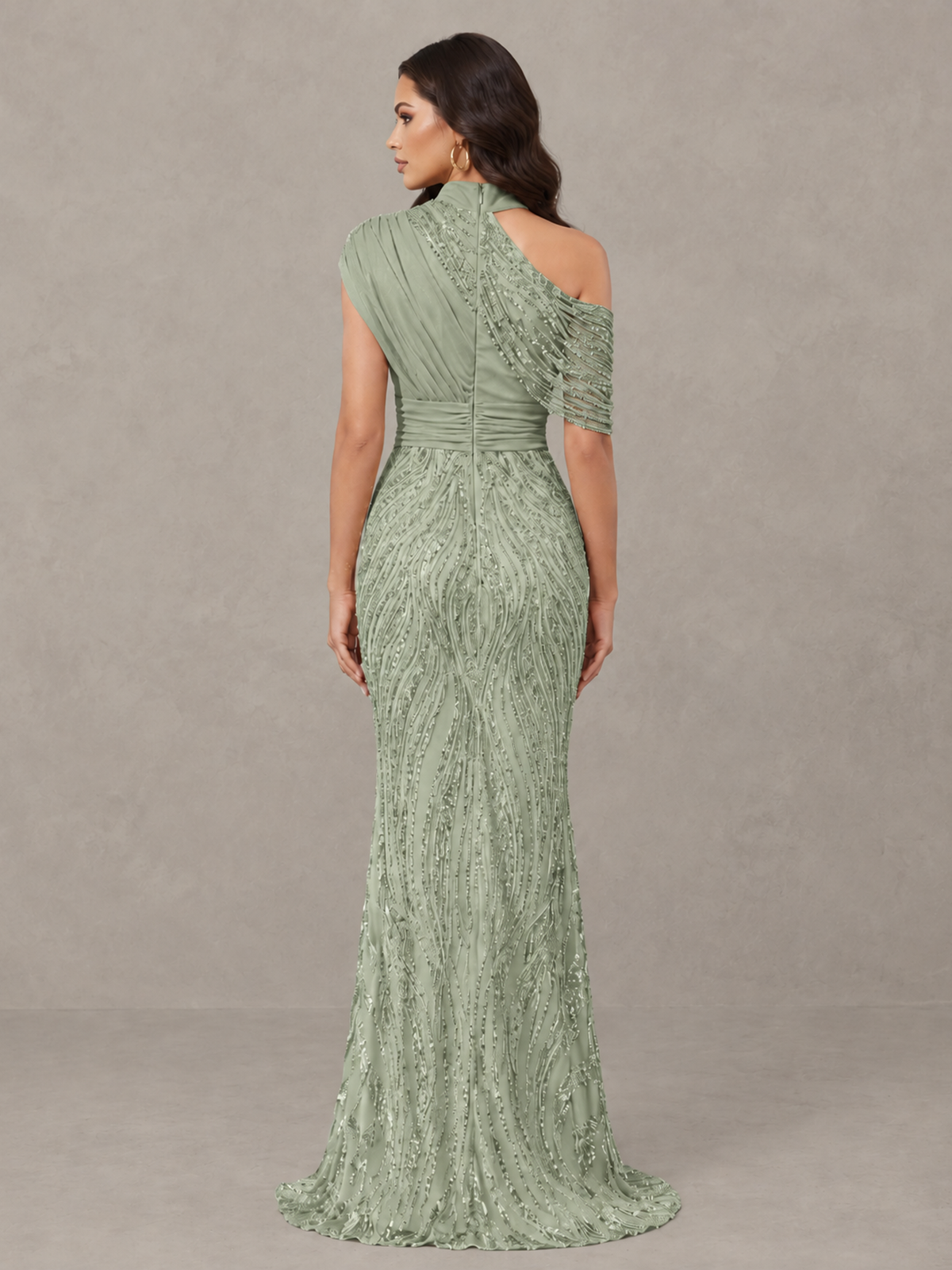 BOLODOO Sage Green High Neck Draped Sequin Mermaid Evening Gown - Sage Green - Sage Green_2