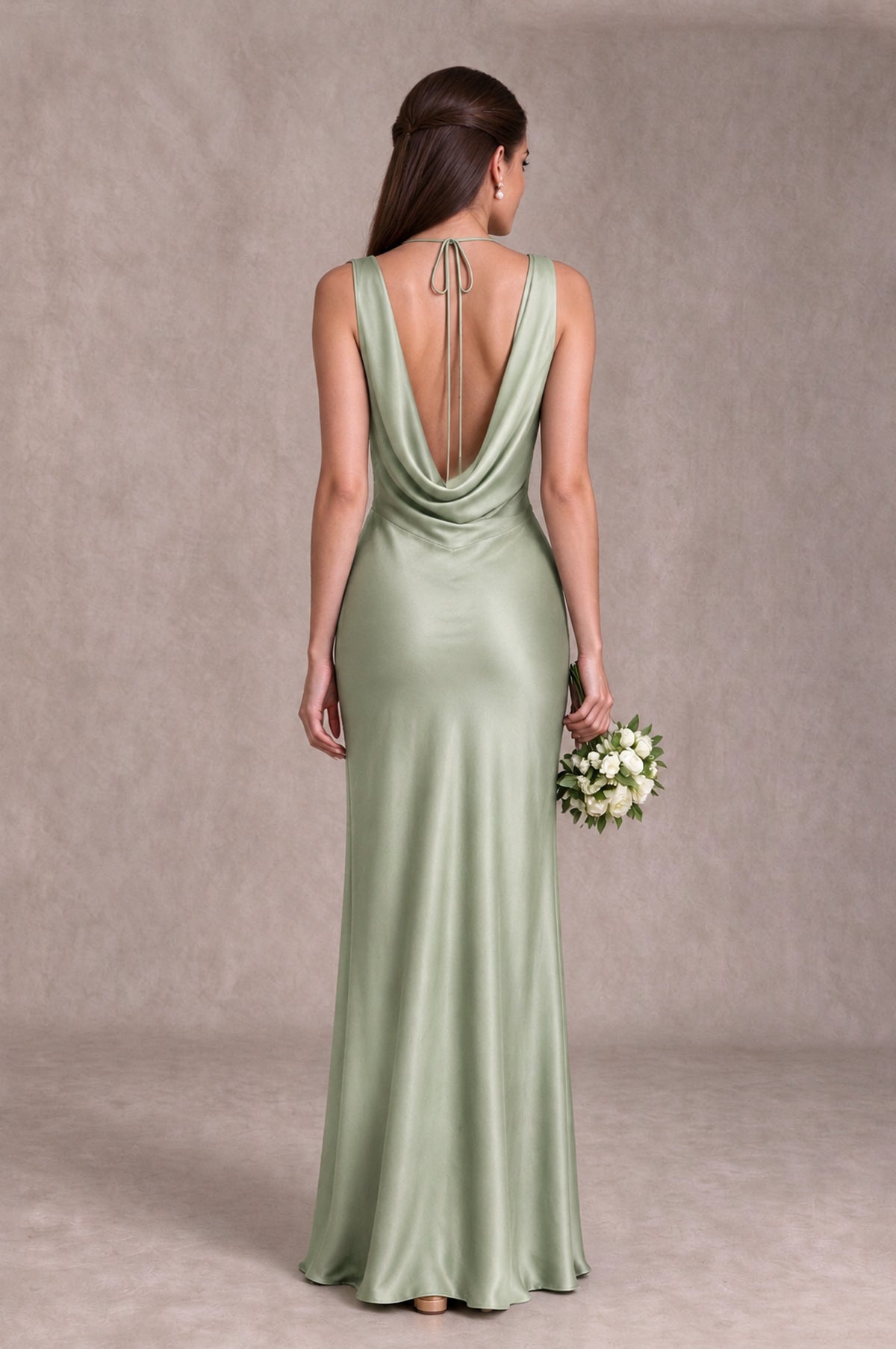 BOLODOO Sage Green Cowl Neck Open Back Satin Bridesmaid Dress - Sage Green - Sage Green_2