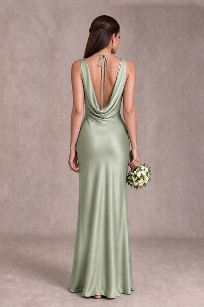 BOLODOO Sage Green Cowl Neck Open Back Satin Bridesmaid Dress - Sage Green - Sage Green_2