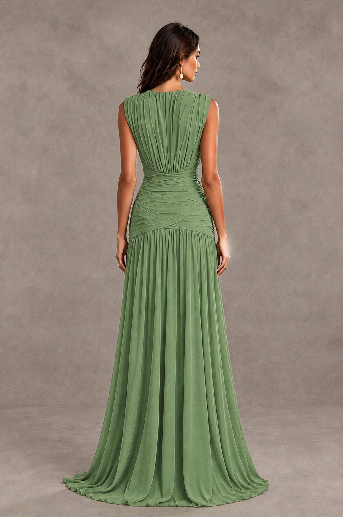 BOLODOO Sage Green V-Neck Ruched Wedding Guest Dress - Sage Green - Sage Green_2