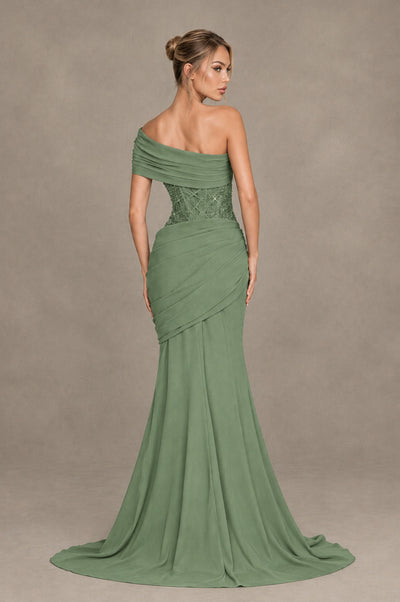 BOLODOO Sage Green One-Shoulder Sequin Embroidered Ruched Mermaid Gown with Train - Sage Green - Sage Green_2