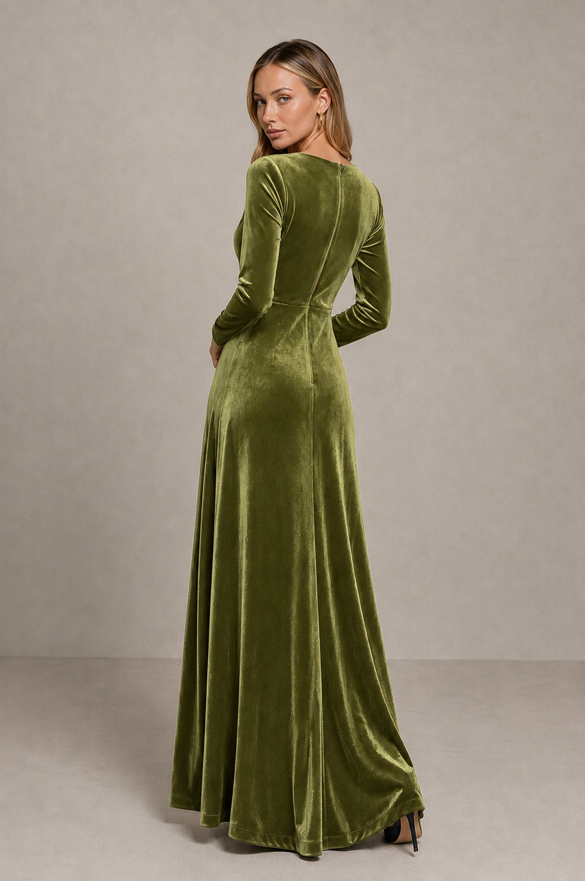 BOLODOO Sage Green Velvet Long Sleeve V-Neck Ruched Evening Dress - Sage Green - Sage_Green_2