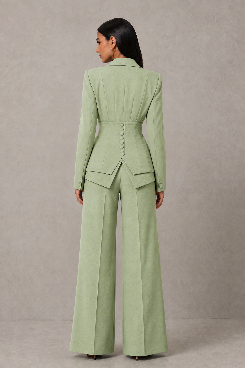BOLODOO Sage Green Cinched Waist Blazer and Wide Leg Pants Two Piece Suit Set - Sage Green