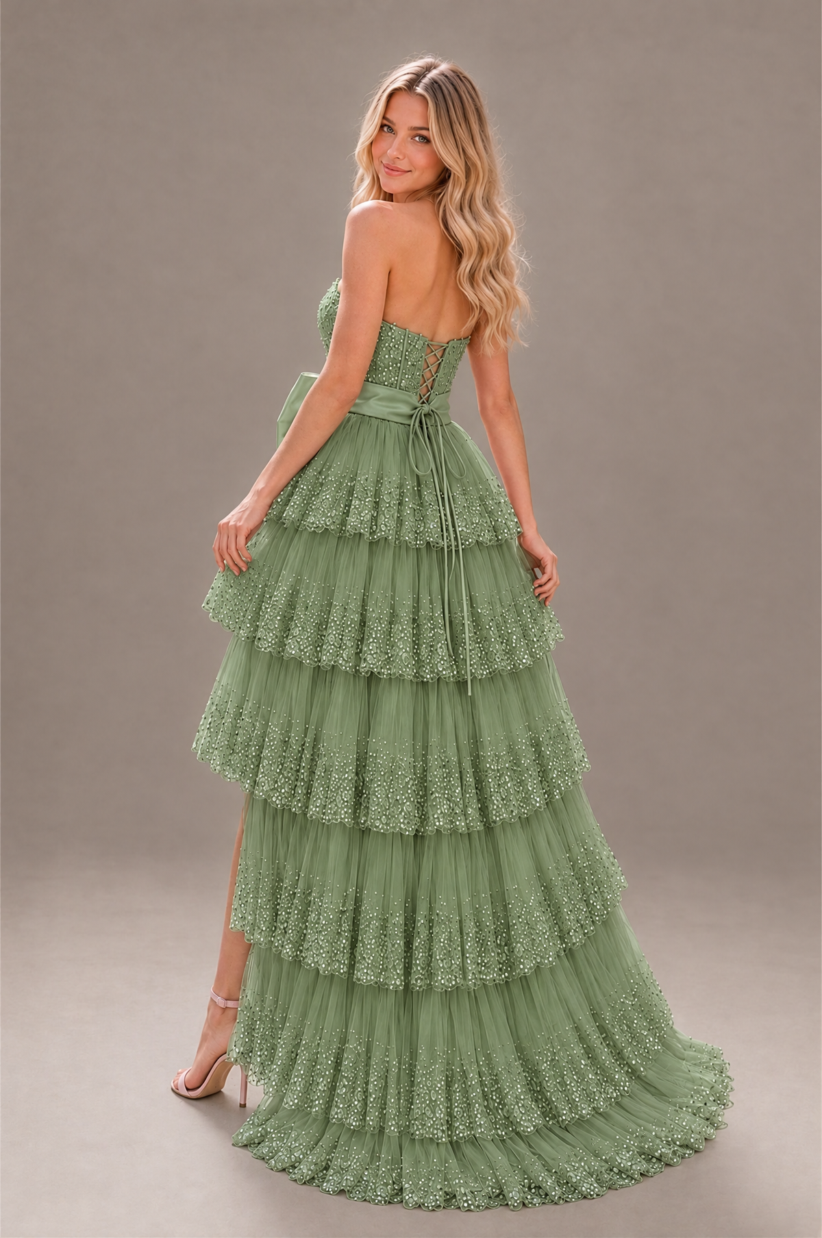 BOLODOO Sage Green Strapless Tiered Tulle Prom Dress with Bow - Sage Green - Sage_Green_2