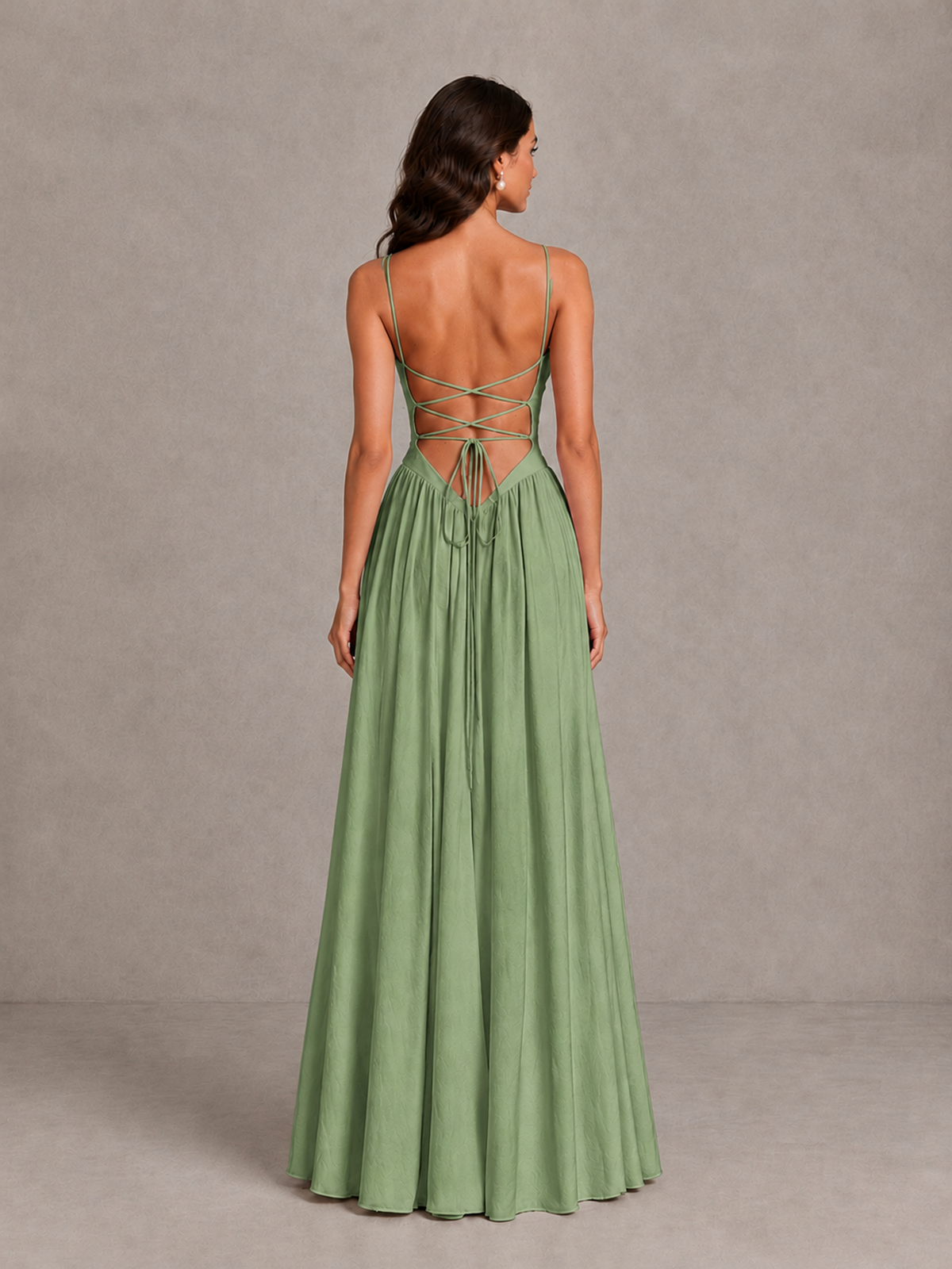 BOLODOO Sage Green Lace-Up Back A-Line Bridesmaid Dress - Sage Green - Sage Green_2