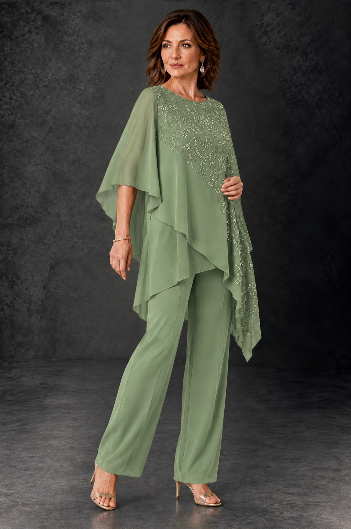BOLODOO Sage Green Embellished Cape Pant Suit for Mother of the Bride - Sage Green - Sage_Green_2