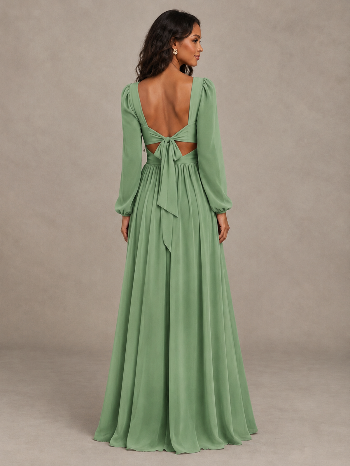 BOLODOO Sage Green V-Neck Long Sleeve Bridesmaid Dress with Tie Back and Slit - Sage Green - Sage Green_2