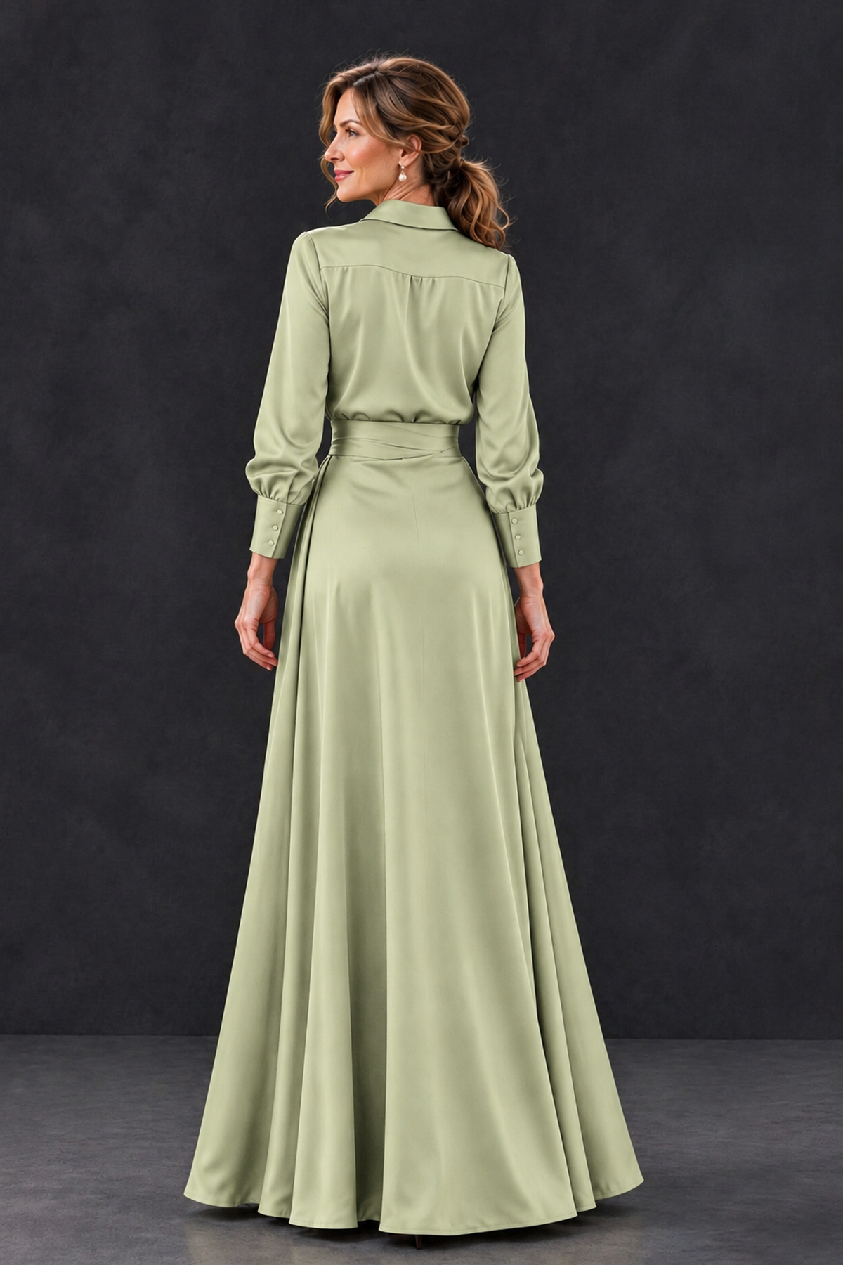 BOLODOO Sage Green Long Sleeve Satin-Look Lace Panel Gown - Sage Green - Sage Green_2