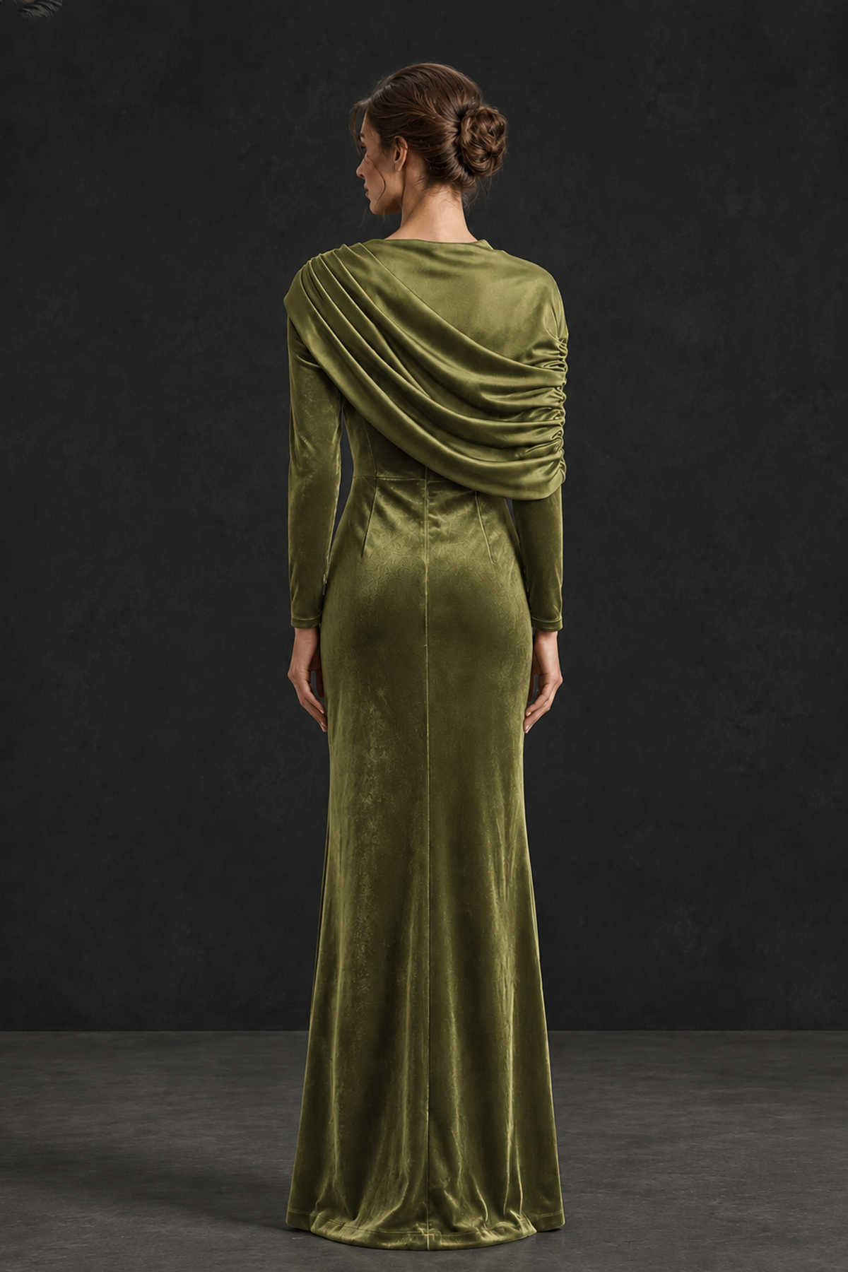 BOLODOO Sage Green Velvet Long Sleeve Draped Mother of the Bride Dress - Sage Green - Sage_Green_2