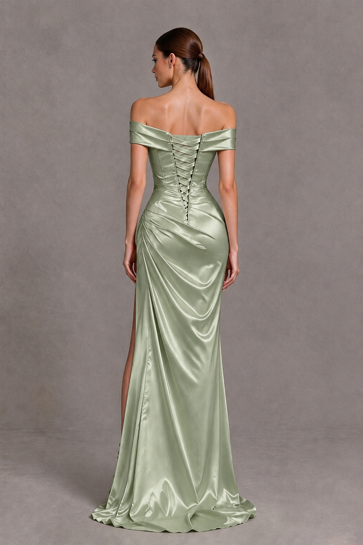 BOLODOO Sage Green Off-the-Shoulder Ruched Satin Prom & Evening Dress with High Slit - Sage Green - Sage Green_2