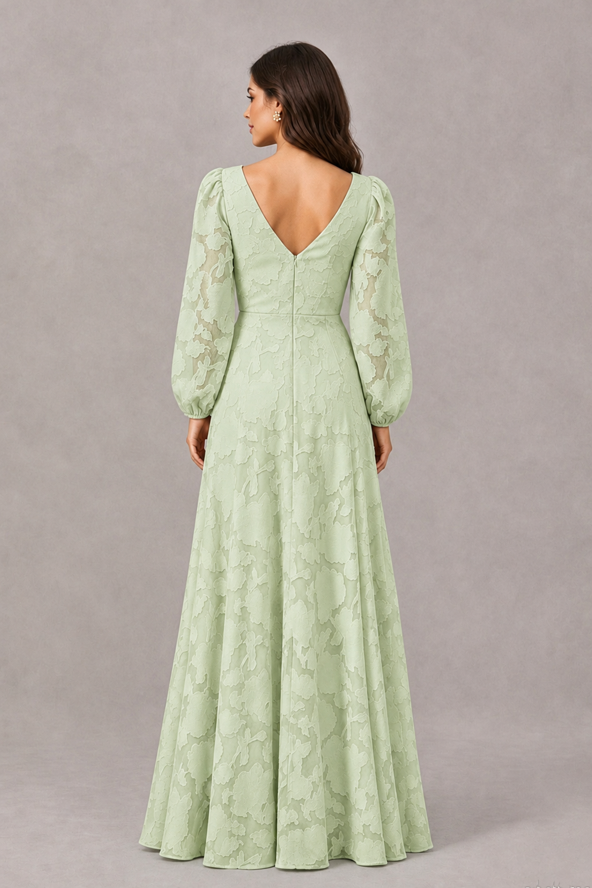 BOLODOO Sage Green Long Sleeve V-Neck A-Line Mother of the Bride Dress - Sage Green - Sage Green_2
