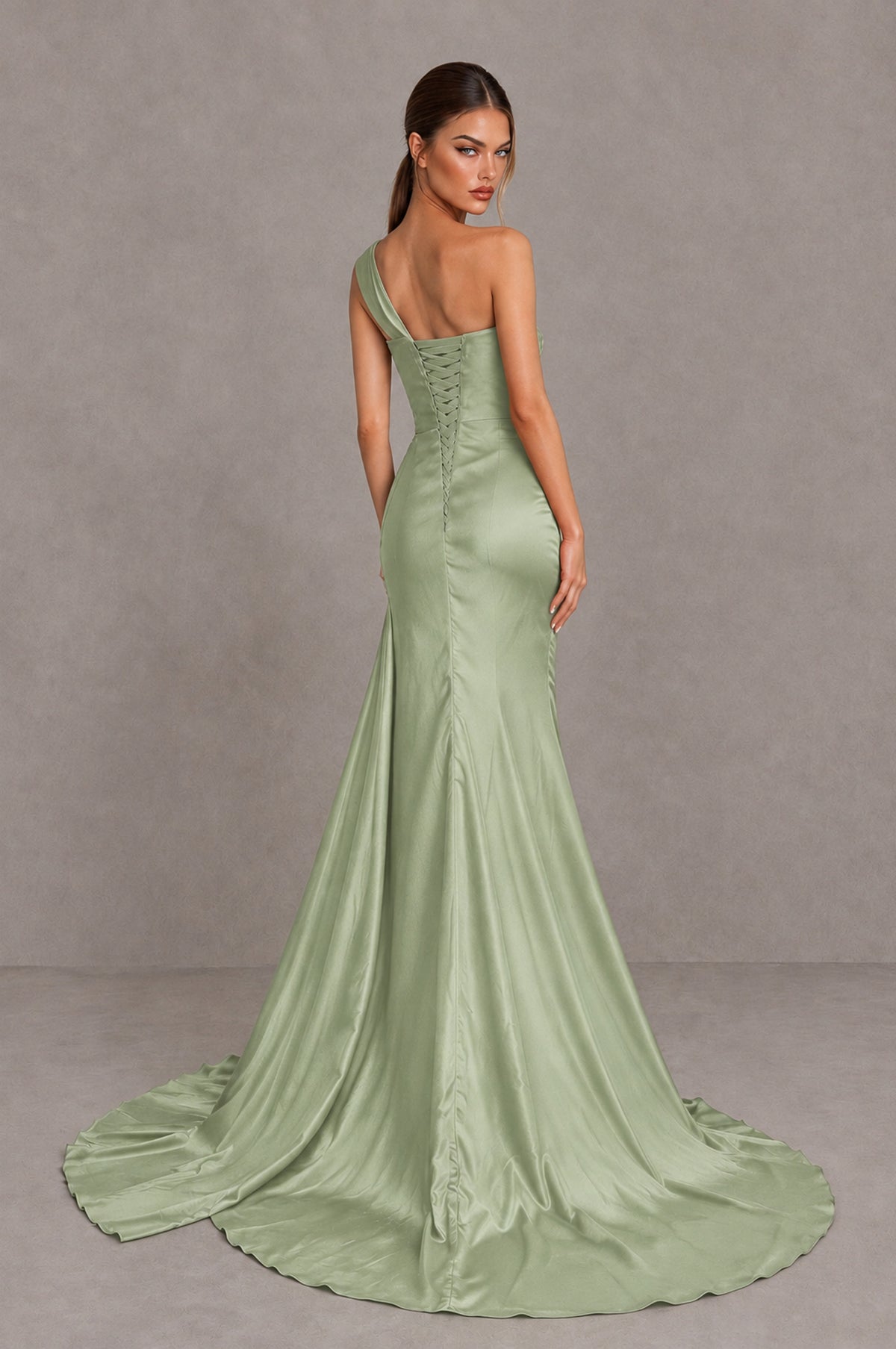 BOLODOO Sage Green One Shoulder Satin Mermaid Evening Dress with Ruched Slit Skirt - Sage Green - Sage Green_2
