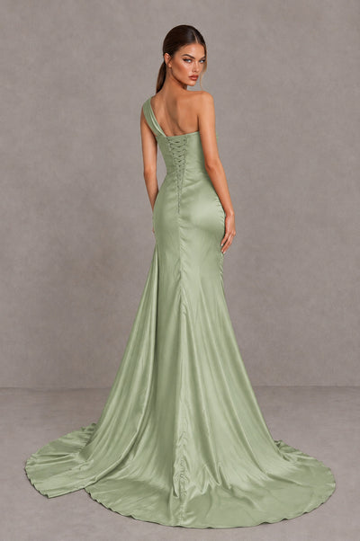 BOLODOO Sage Green One Shoulder Satin Mermaid Evening Dress with Ruched Slit Skirt - Sage Green - Sage Green_2