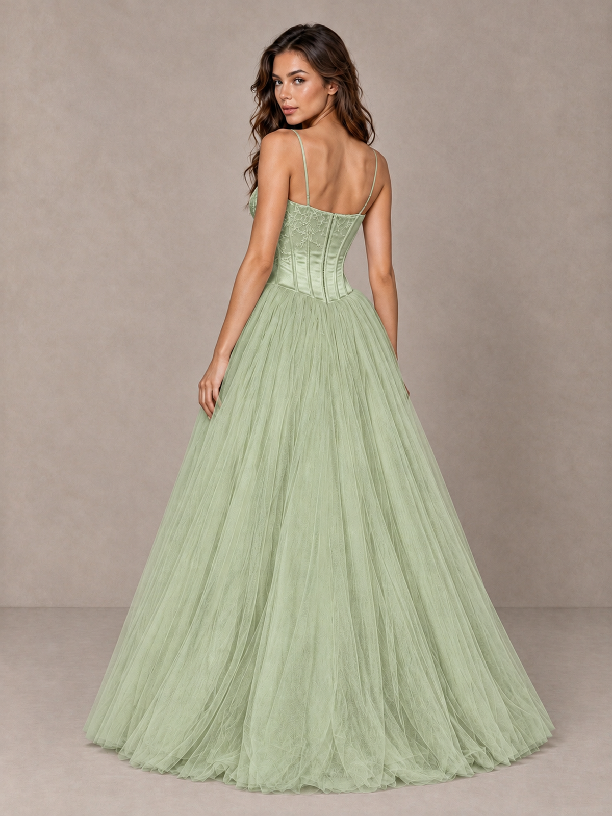 BOLODOO Sage Green Corset Tulle Prom Dress with Spaghetti Straps - Sage Green - Sage_Green_2