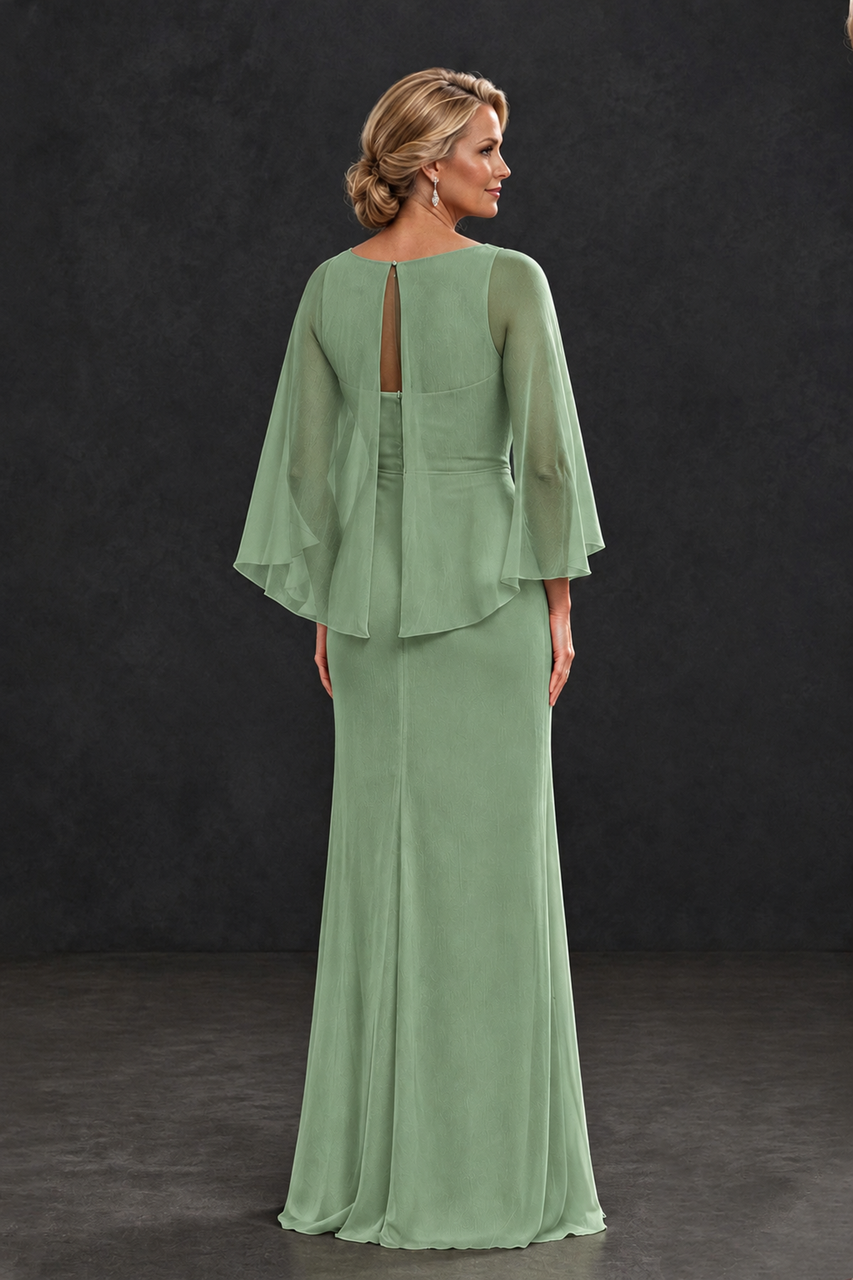 BOLODOO Sage Green Cape Sleeve Mother of the Bride Dress with Ruched Waist - Sage Green - Sage Green_2