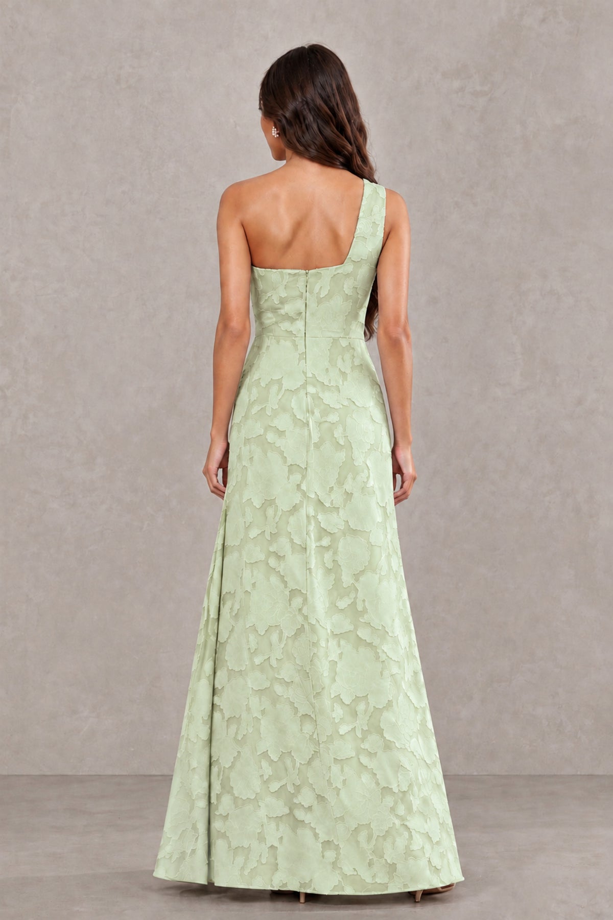 BOLODOO Sage Green One-Shoulder Floral Textured Maxi Dress with High Slit - Sage Green - Sage Green_2