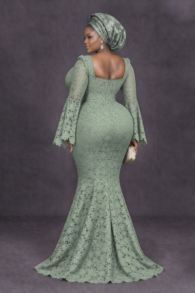 BOLODOO Sage Green African Lace Mermaid Dress, Plus Size Nigerian Wedding Guest Gown with Bell Sleeves - Sage Green - Sage Green_2