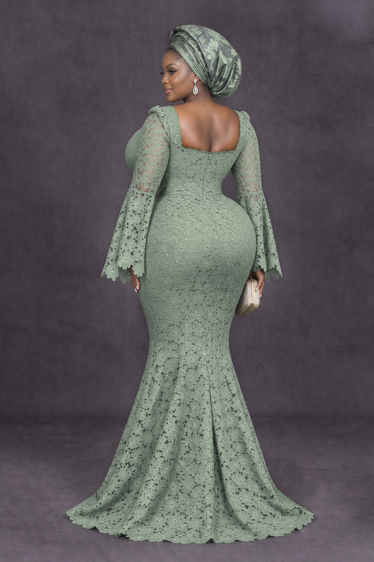 BOLODOO Sage Green African Lace Mermaid Dress, Plus Size Nigerian Wedding Guest Gown with Bell Sleeves - Sage Green - Sage Green_2