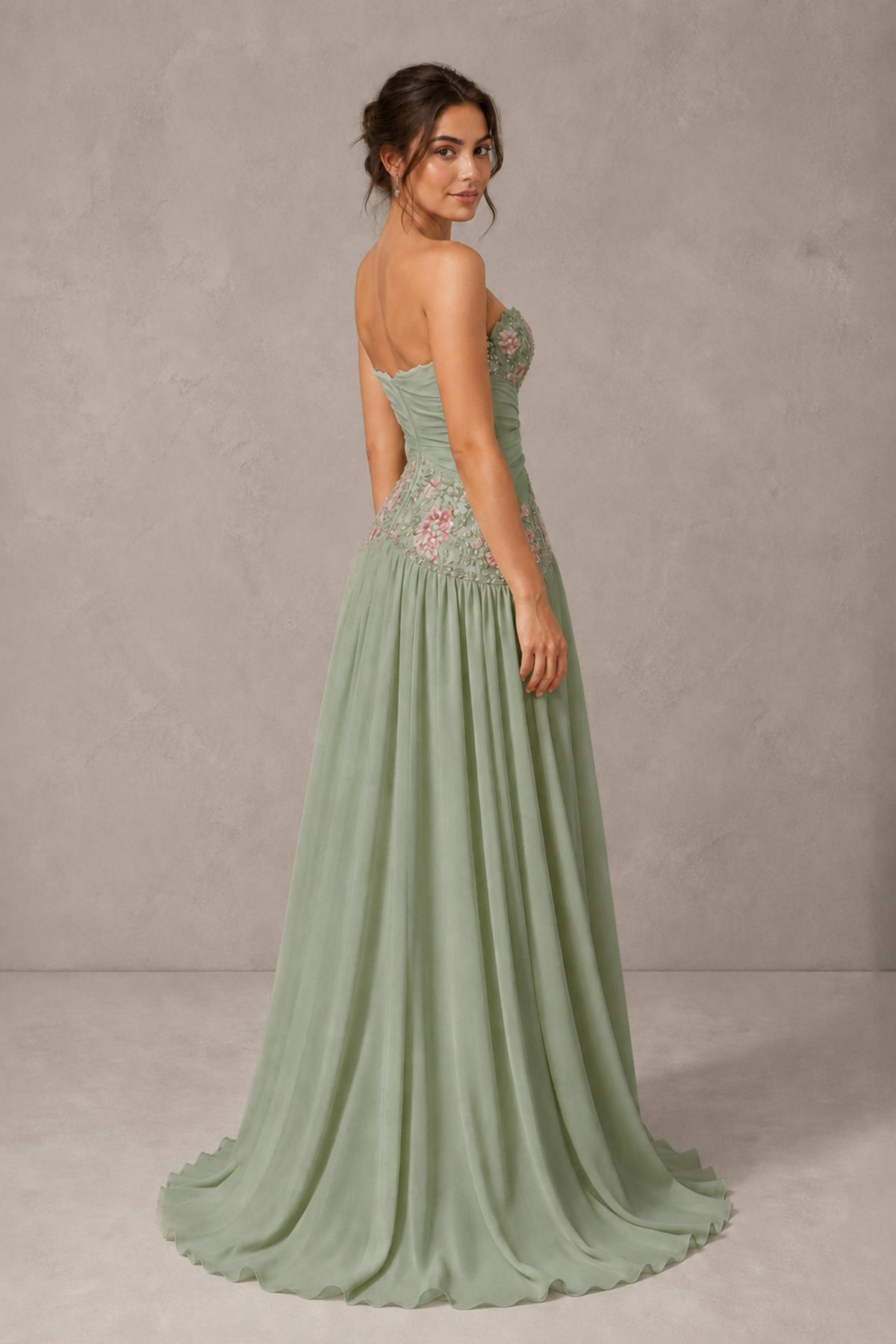 Sage Green Strapless Sweetheart A-Line Chiffon Gown with 3D Floral Appliques & Cutout | BOLODOO - Sage Green