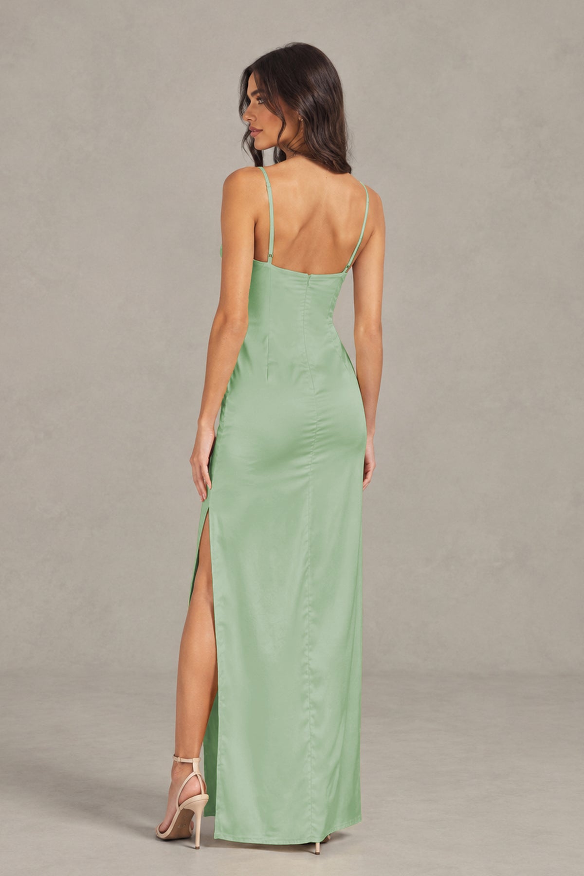 BOLODOO Sage Green Satin Cowl Neck Open Back Mermaid Maxi Dress with Side Slit - Sage Green