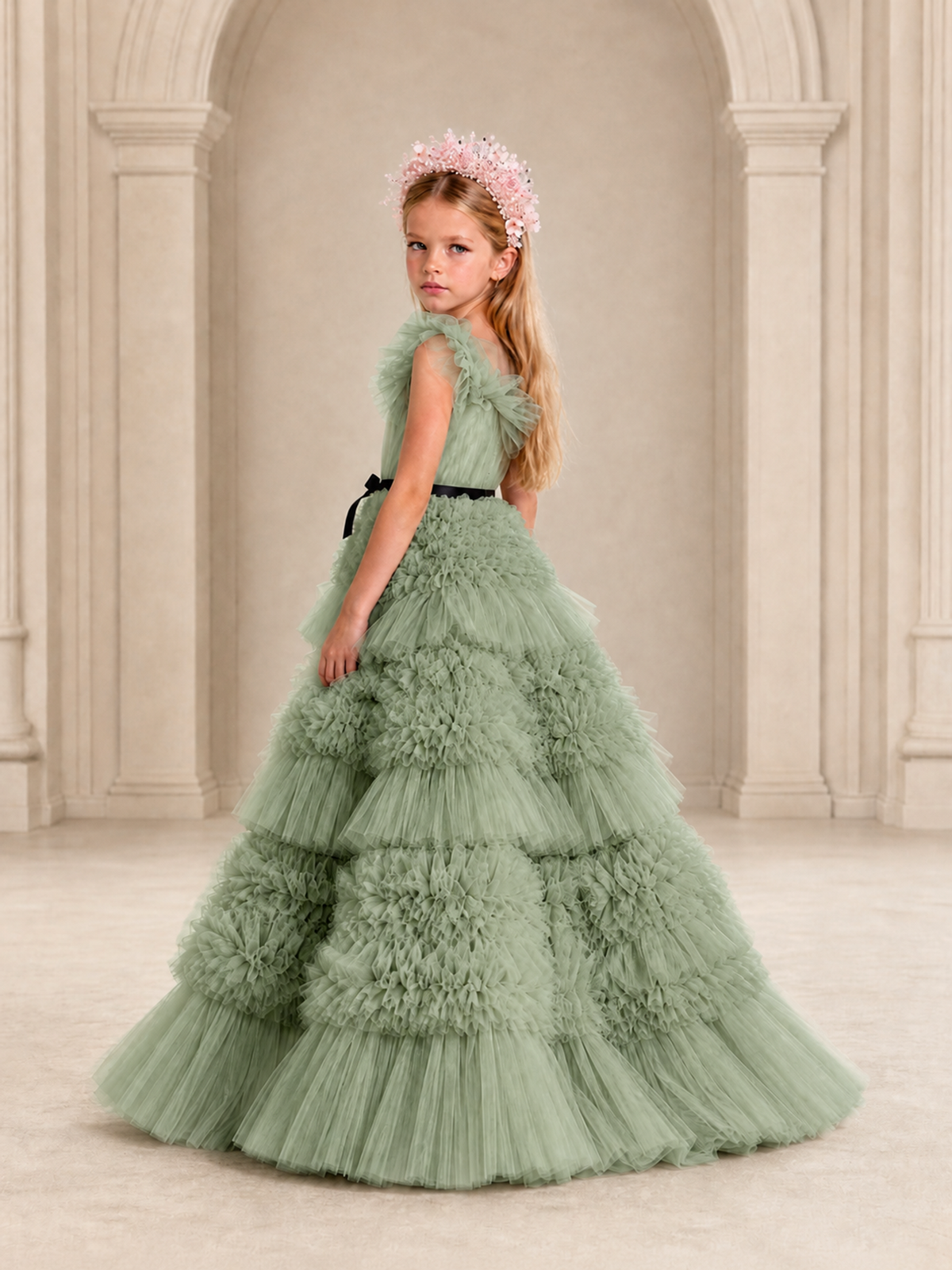 BOLODOO Sage Green Tiered Tulle Flower Girl Dress with Floral Appliques - Sage Green - Sage Green_2
