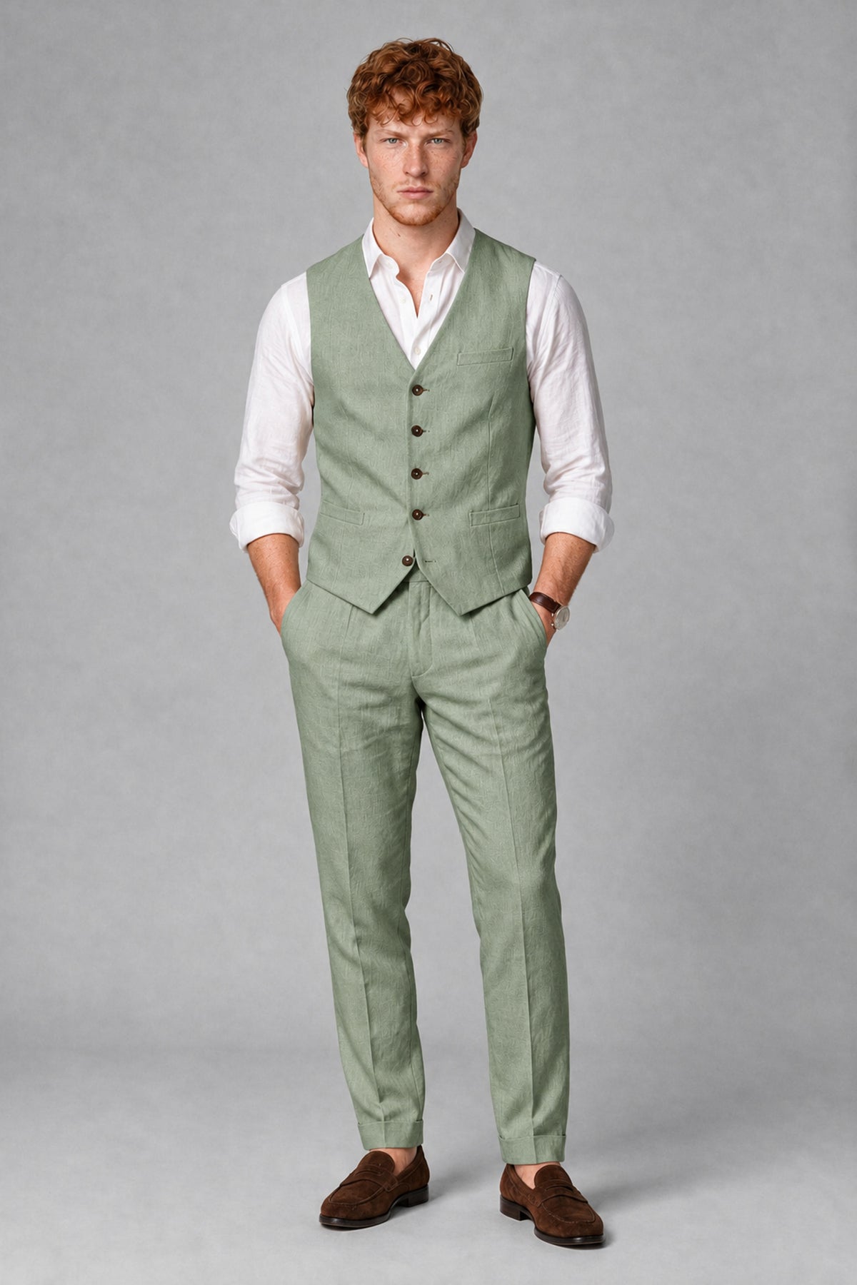 Bolodoo Men's Sage Green 2-Piece Vest and Pants Set with V-Neck Waistcoat - Sage Green - Sage Green_2