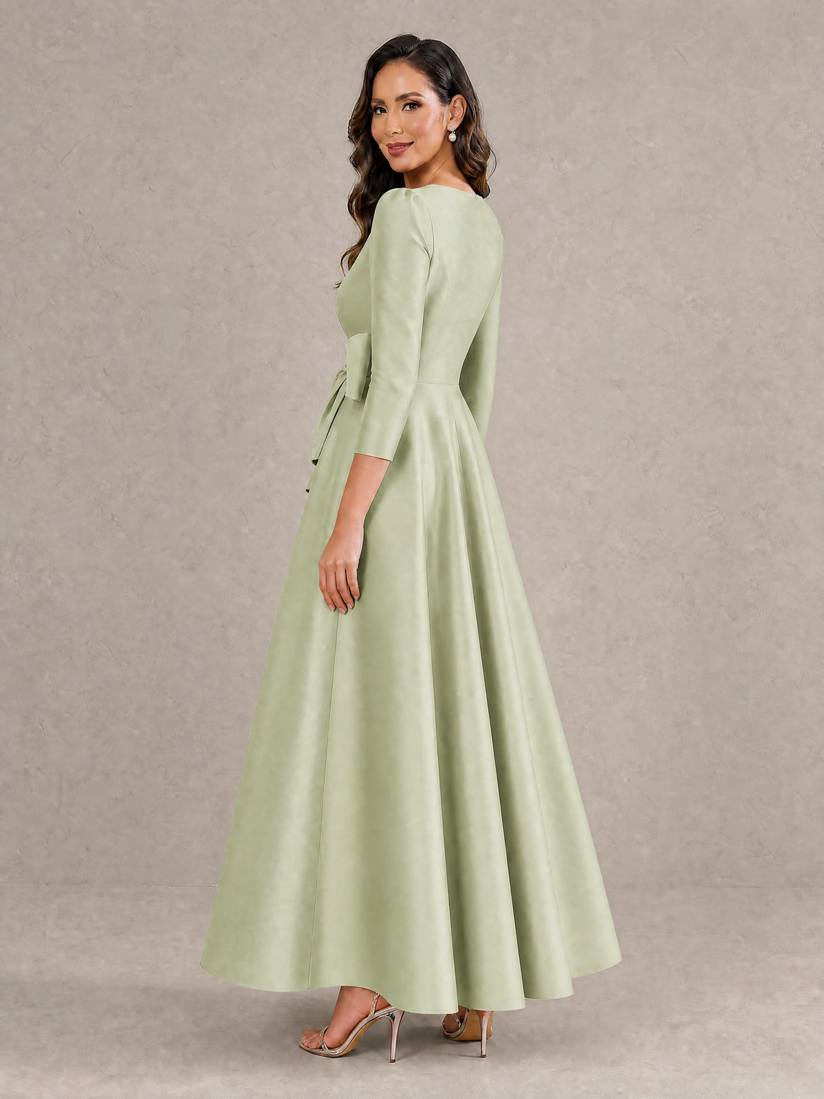 BOLODOO Sage Green Satin Deep V-Neck Wrap 3/4 Puff Sleeve A-Line Ball Gown Maxi Dress with Oversized Bow Belt - Sage Green
