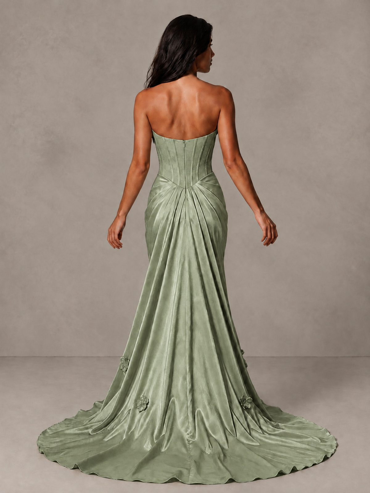 BOLODOO Sage Green Strapless Floral Corset Evening Gown with Train - Sage Green - Sage Green_2