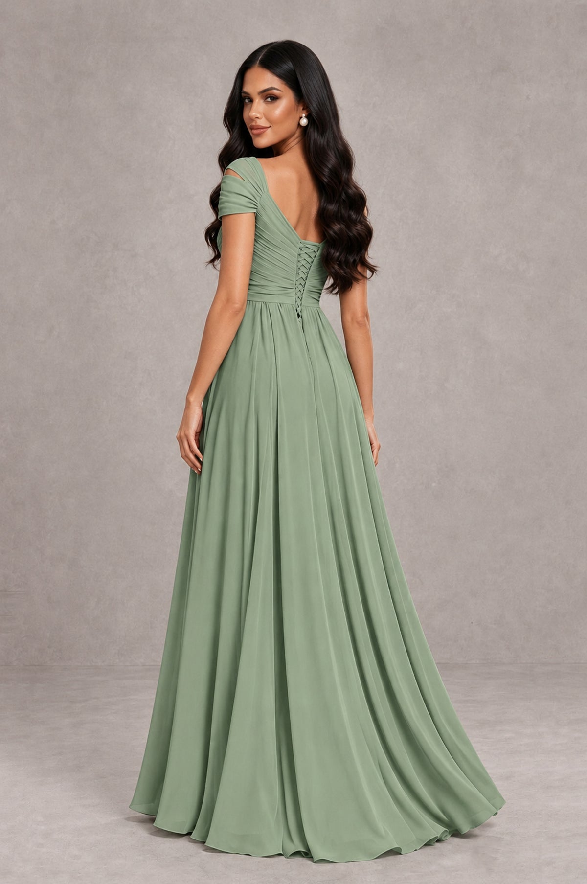 BOLODOO Sage Green Cold Shoulder Chiffon Evening Dress with V Neck and High Slit - Sage Green - Sage Green_2