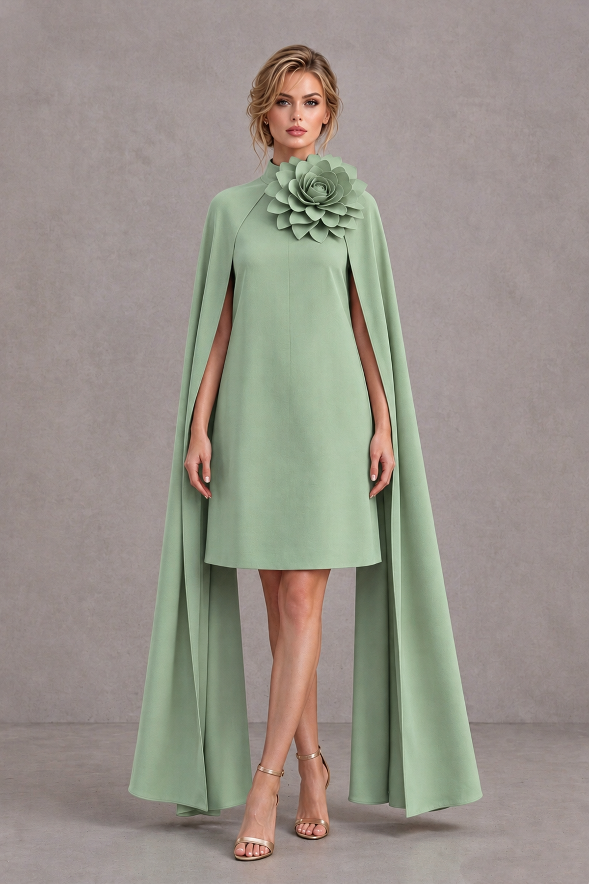 BOLODOO Sage Green High Neck Floral Cape Mini Cocktail Dress - Sage Green - Sage Green_2