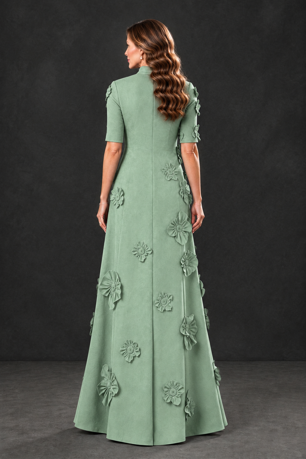 BOLODOO Sage Green Floral Applique High-Neck Half-Sleeve Gown - Sage Green - Sage Green_2