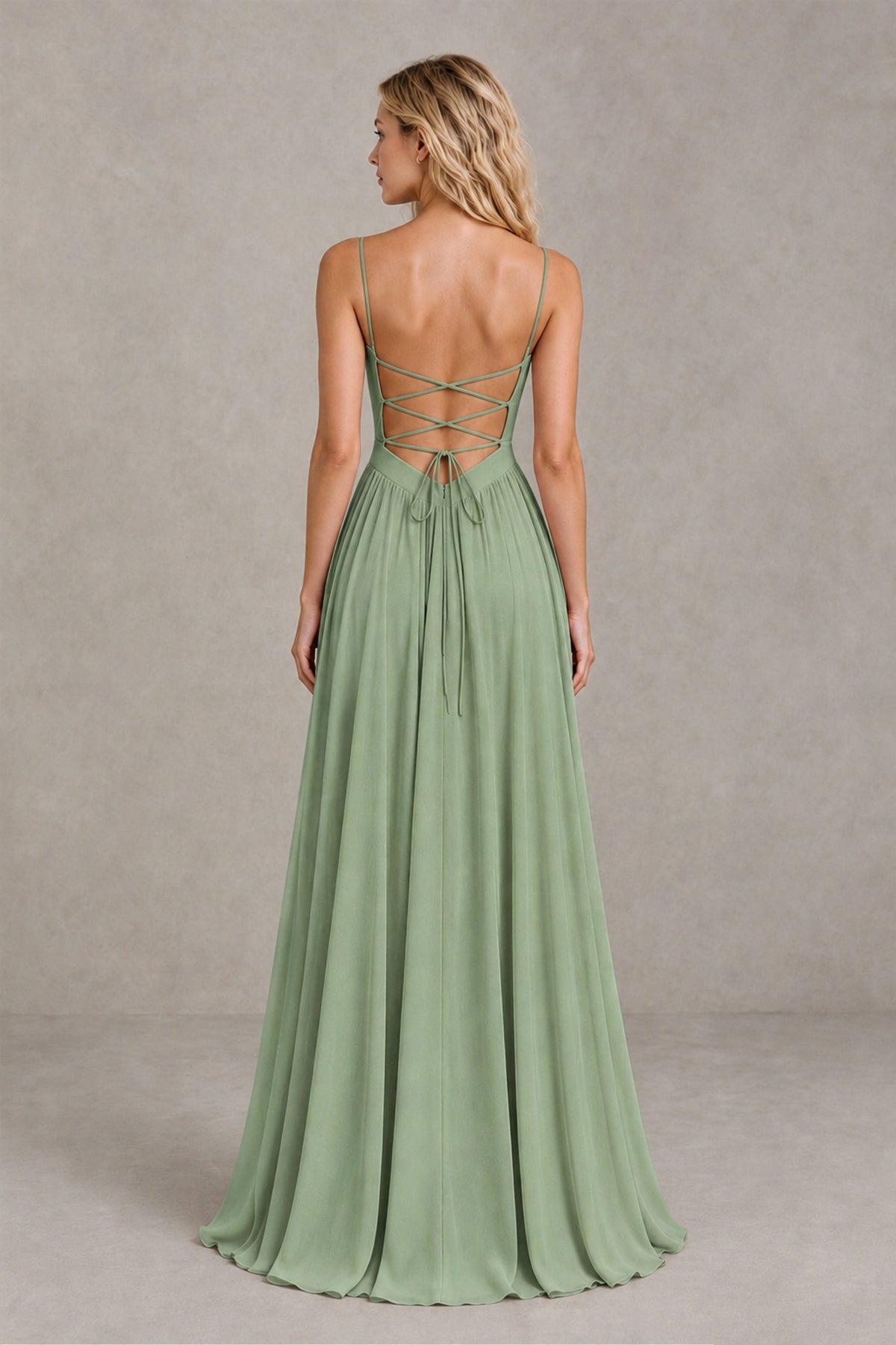 BOLODOO Sage Green Spaghetti Strap A-Line Bridesmaid Dress with Slit - Sage Green - Sage Green_2