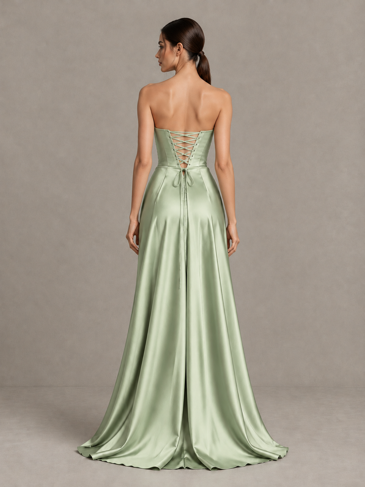 BOLODOO Sage Green Strapless Satin High-Slit Lace-Up Prom Dress - Sage Green - Sage Green_2