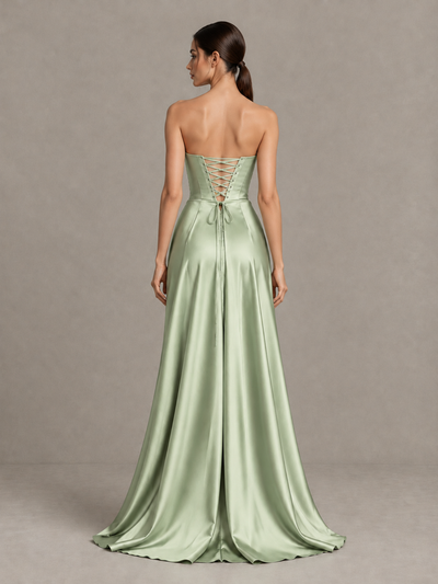 BOLODOO Sage Green Strapless Satin High-Slit Lace-Up Prom Dress - Sage Green - Sage Green_2