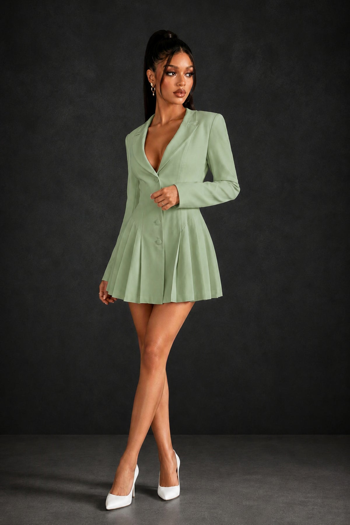 BOLODOO Long Sleeve Sage Green Blazer Mini Dress with Pleated Skirt - Sage Green