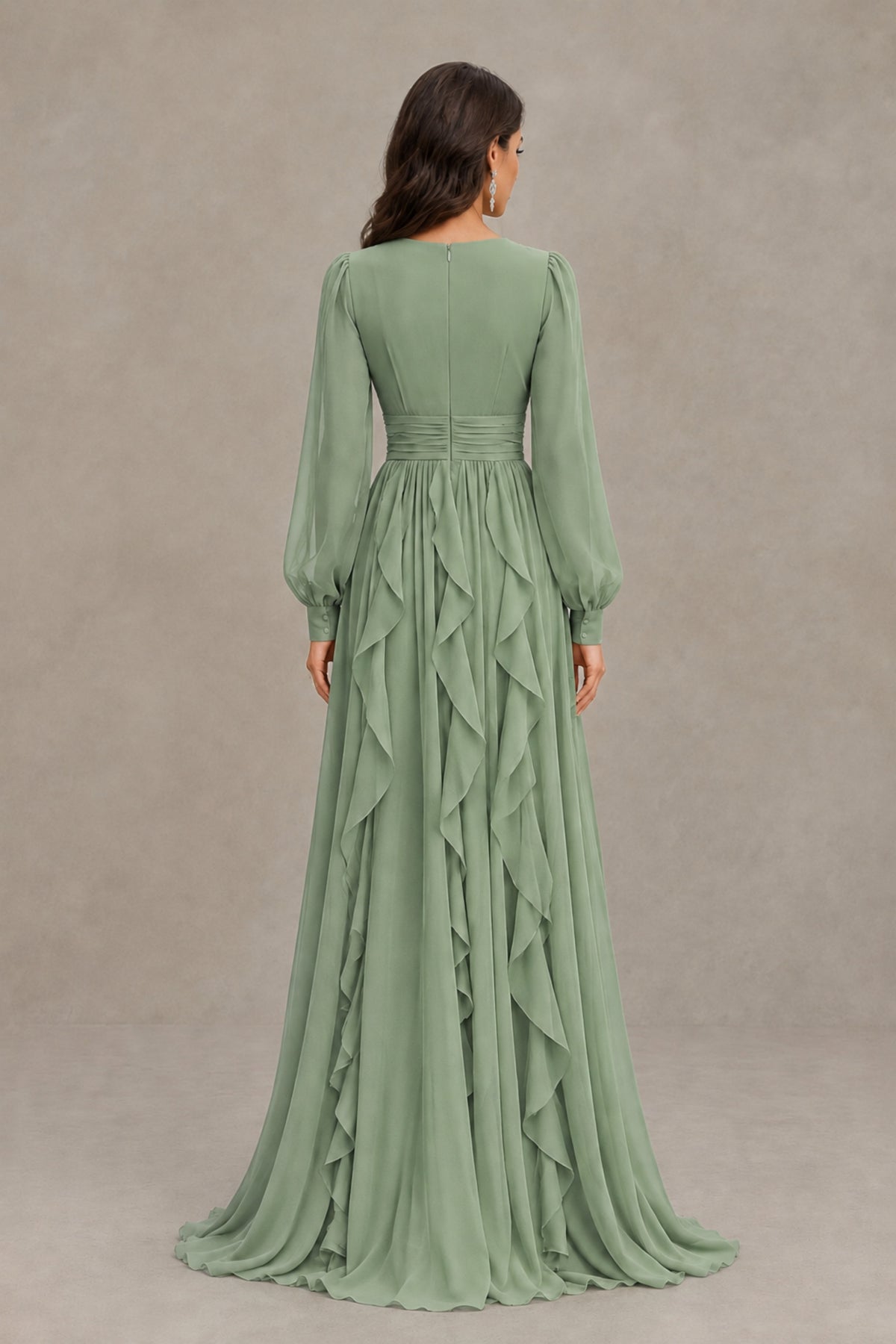 BOLODOO Sage Green Long Sleeve V-Neck Ruffle Maxi Dress - Sage Green