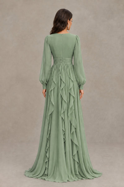 BOLODOO Sage Green Long Sleeve V-Neck Ruffle Maxi Dress - Sage Green