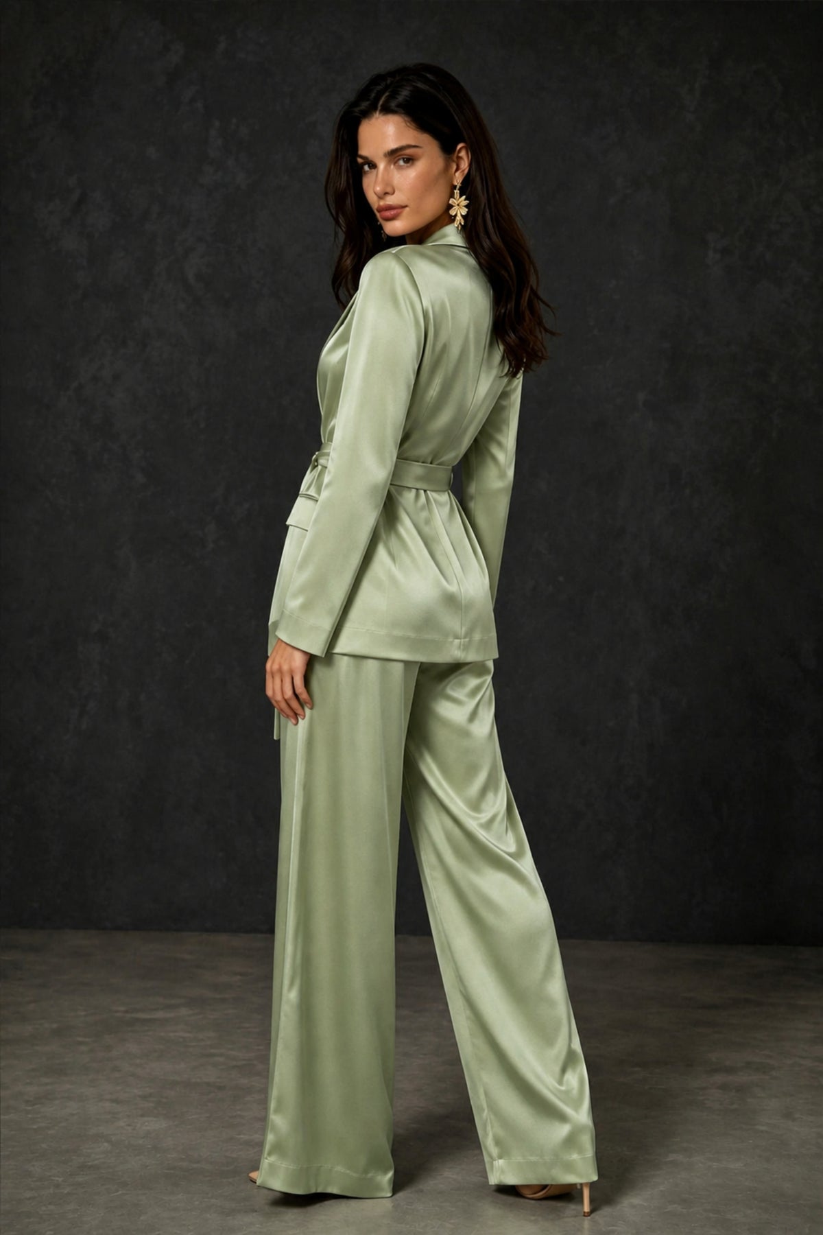 BOLODOO Sage Green Satin Wrap Blazer Wide-Leg Pants Two-Piece Suit Set – Evening Gala Wedding Guest - Sage Green
