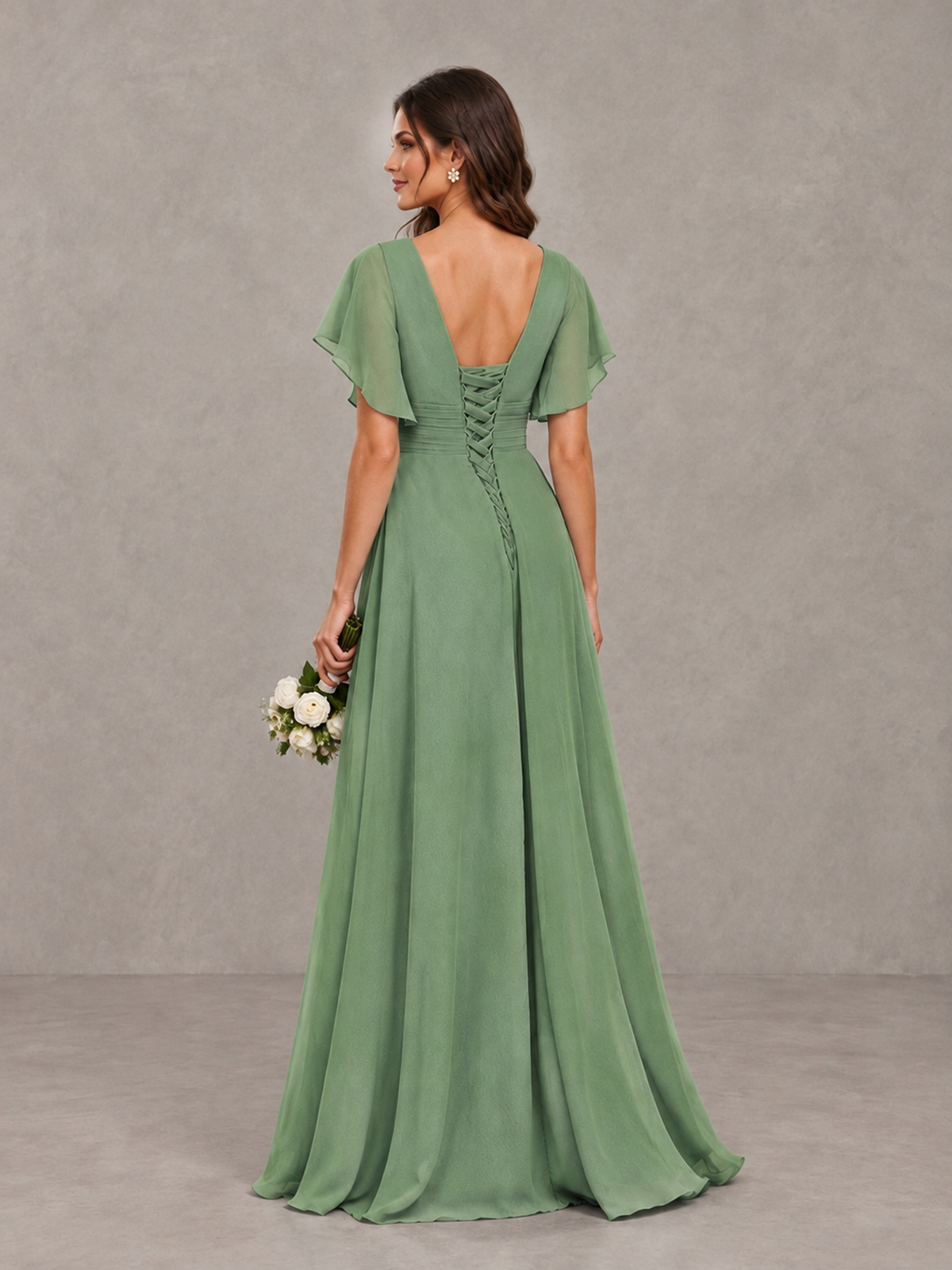 BOLODOO Sage Green Flutter Sleeve V-Neck Bridesmaid Dress with Ruffle Slit - Sage Green - Sage Green_2