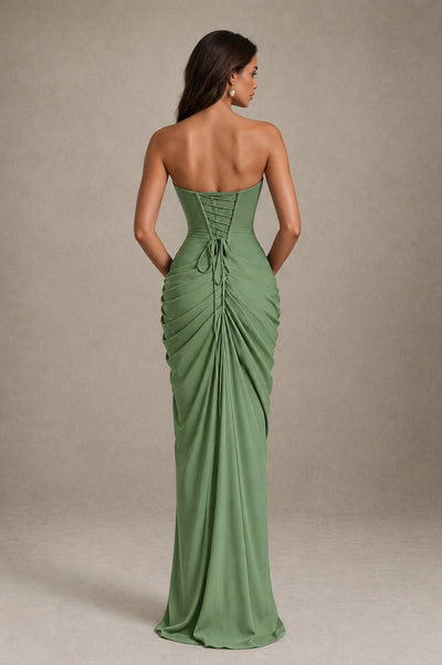 BOLODOO Strapless Draped Maxi Dress - Sage Green Backless Evening Gown with High Slit - Sage Green - Sage Green_2