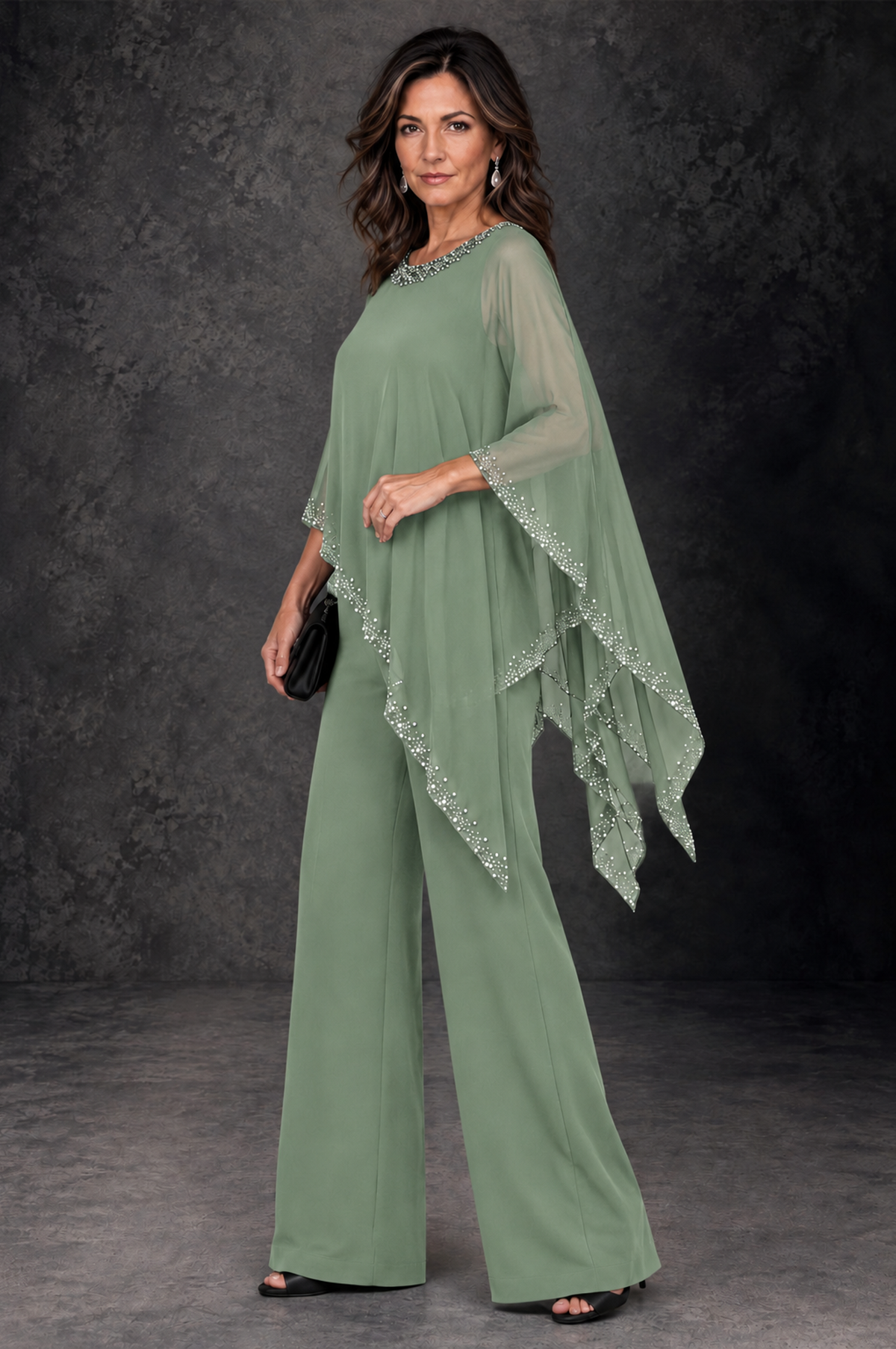 BOLODOO Sage Green Embellished Cape Mother of the Bride Pantsuit - Sage Green - Sage_Green_2