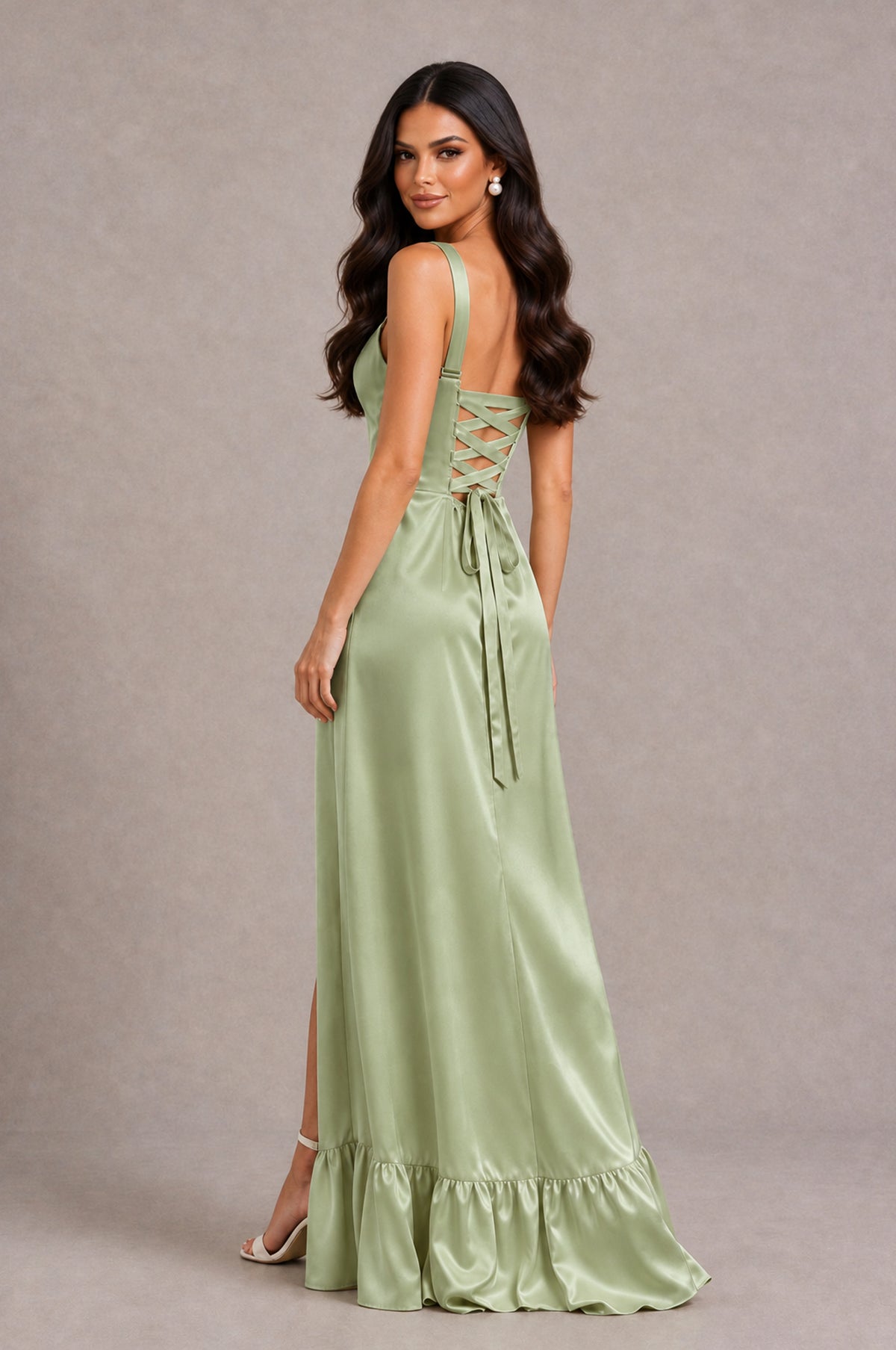 BOLODOO Sage Green Square Neck Satin Evening Dress with Lace-Up Back and High Slit - Sage Green - Sage Green_2