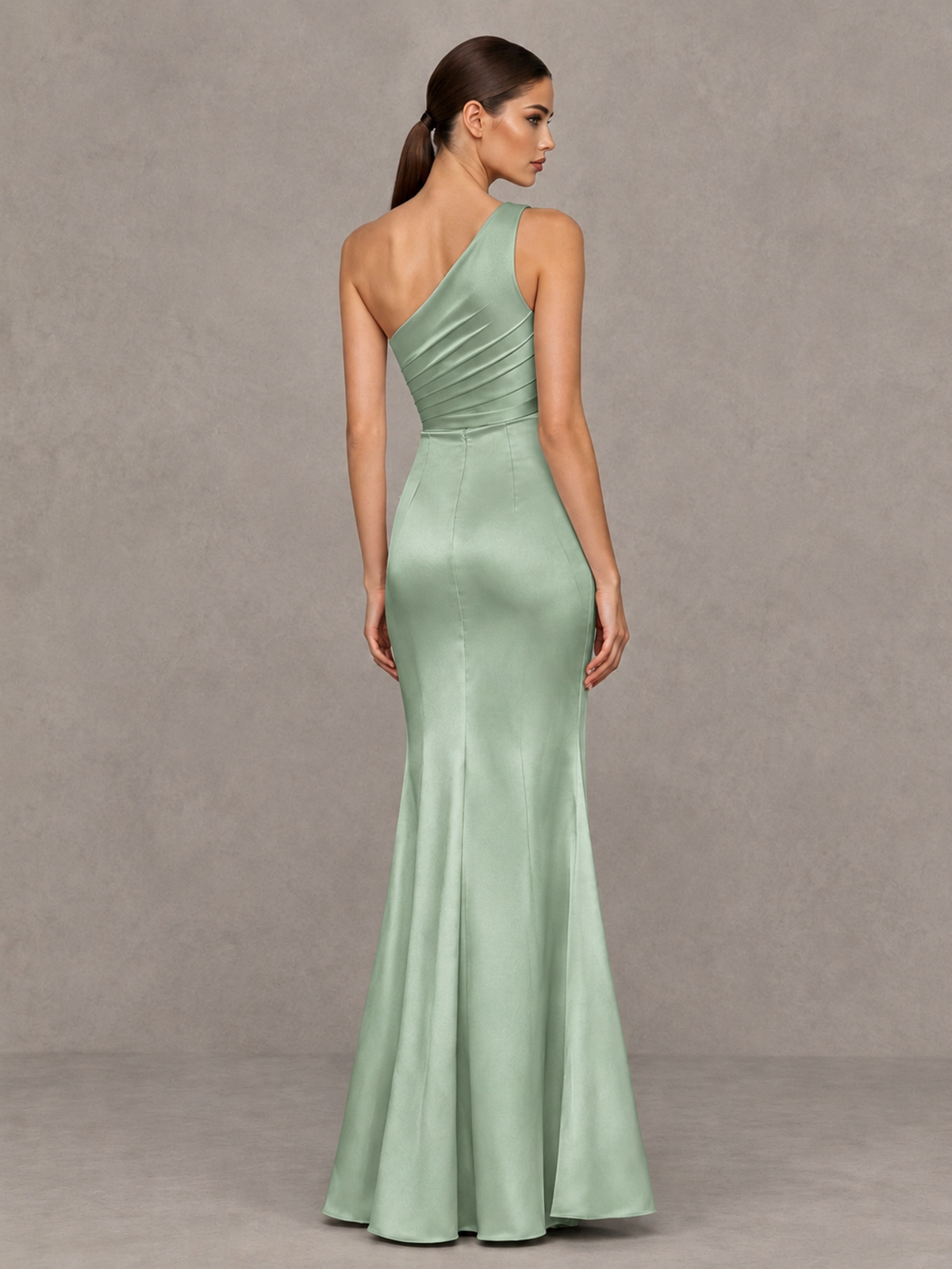 BOLODOO Sage Green One-Shoulder Ruched Satin-Look Evening Gown with High Slit - Sage Green - Sage Green_2