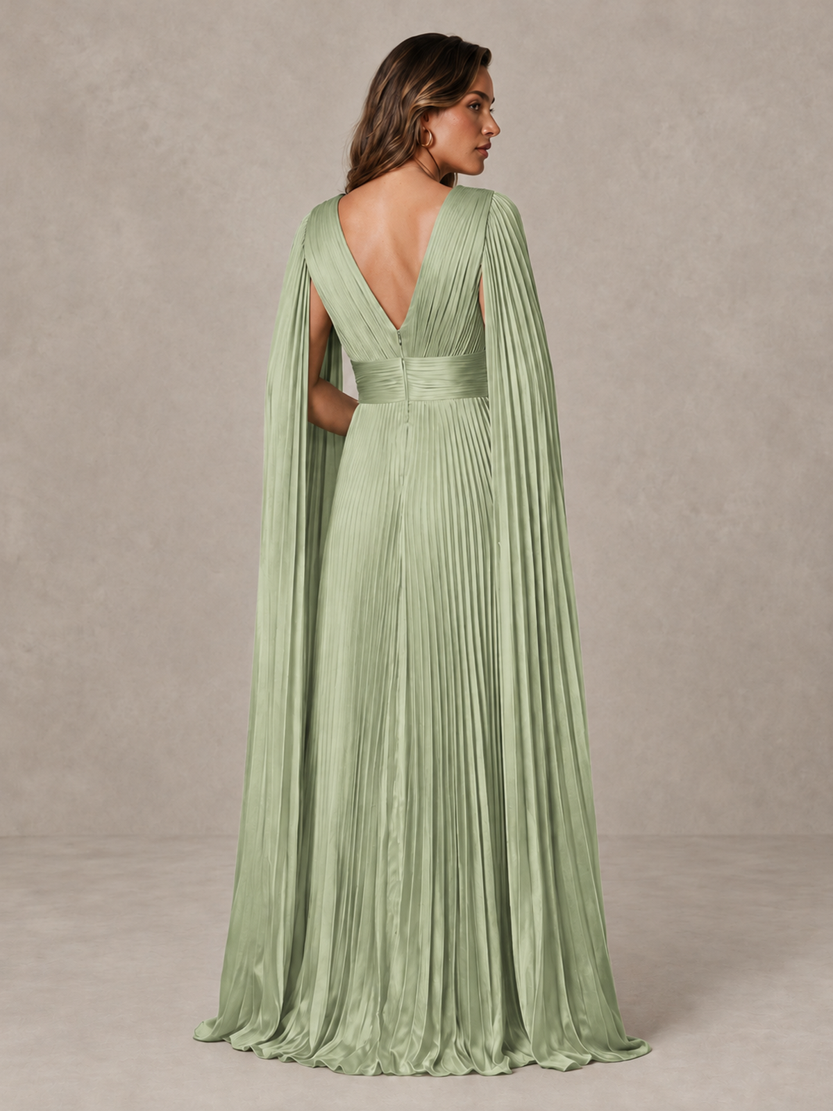 BOLODOO Sage Green Deep V-Neck Pleated Cape Sleeve Evening Gown - Sage Green - Sage Green_2