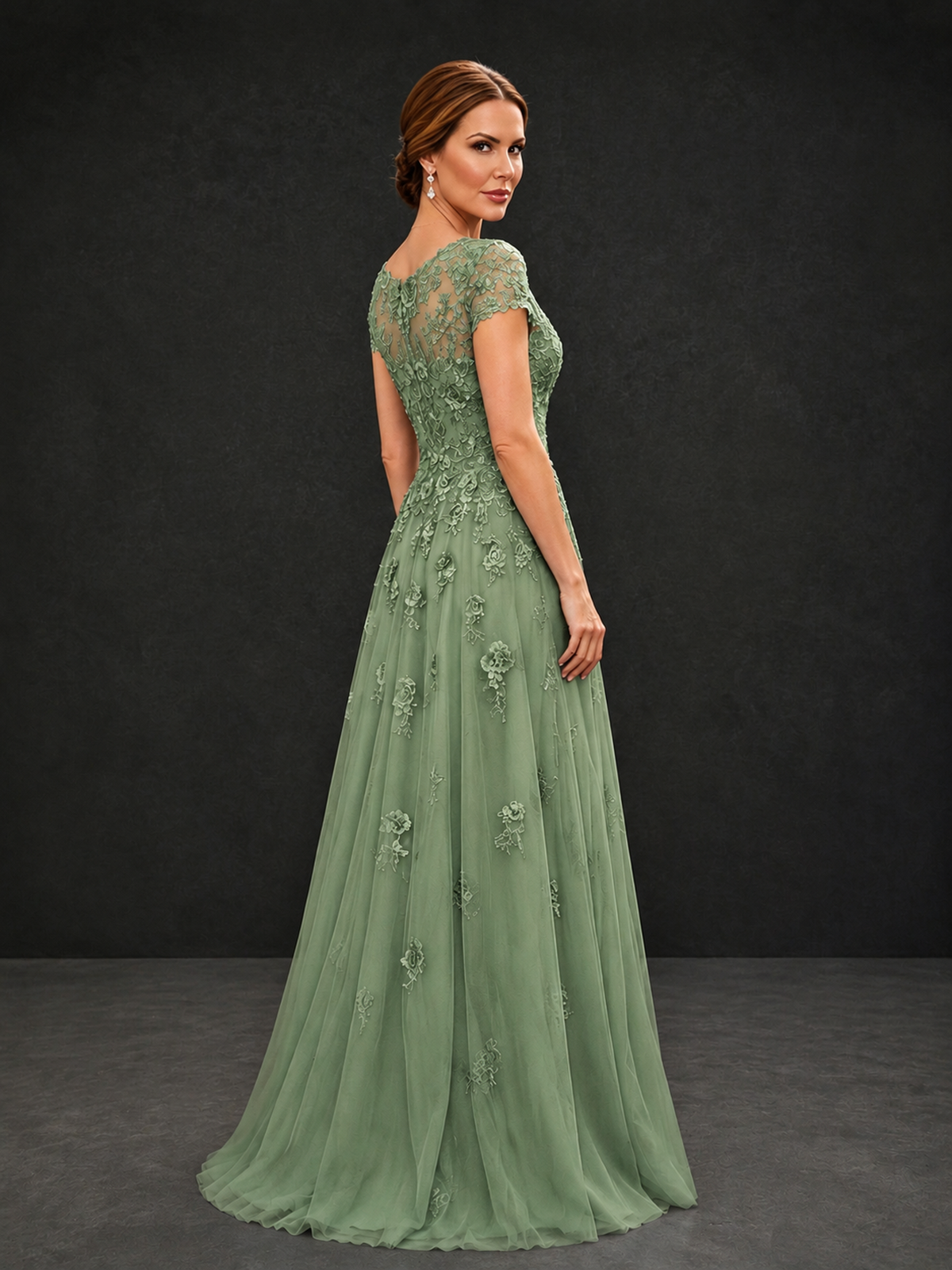 BOLODOO Sage Green Cap Sleeve Lace Appliqué A-Line Formal Gown | Mother of the Bride Dress - Sage Green - Sage Green_2