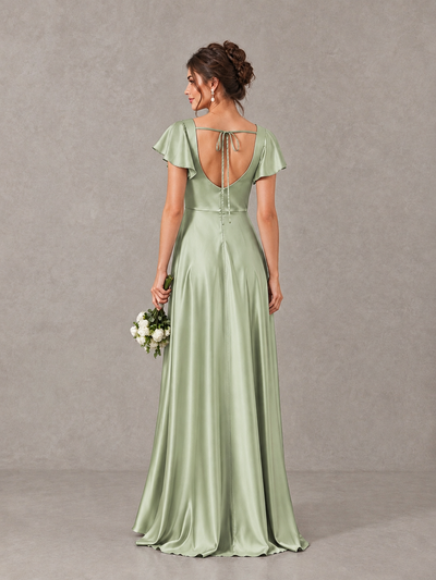 BOLODOO Sage Green Satin Square Neck Flutter Sleeve A-Line Bridesmaid Dress with Slit - Sage Green - Sage Green_2