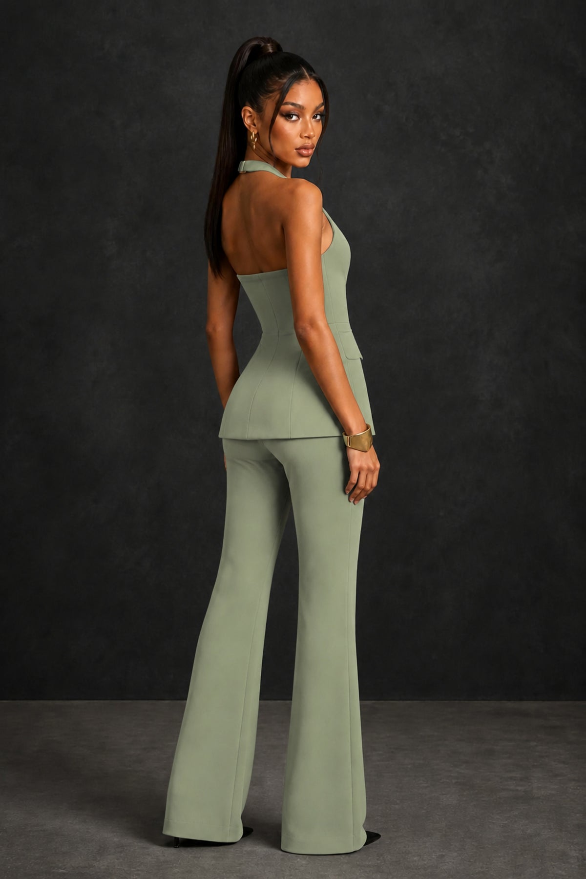 BOLODOO Sage Green Halter Neck Deep V Open Back– Formal Suit with Wide-Leg Pants - Sage Green