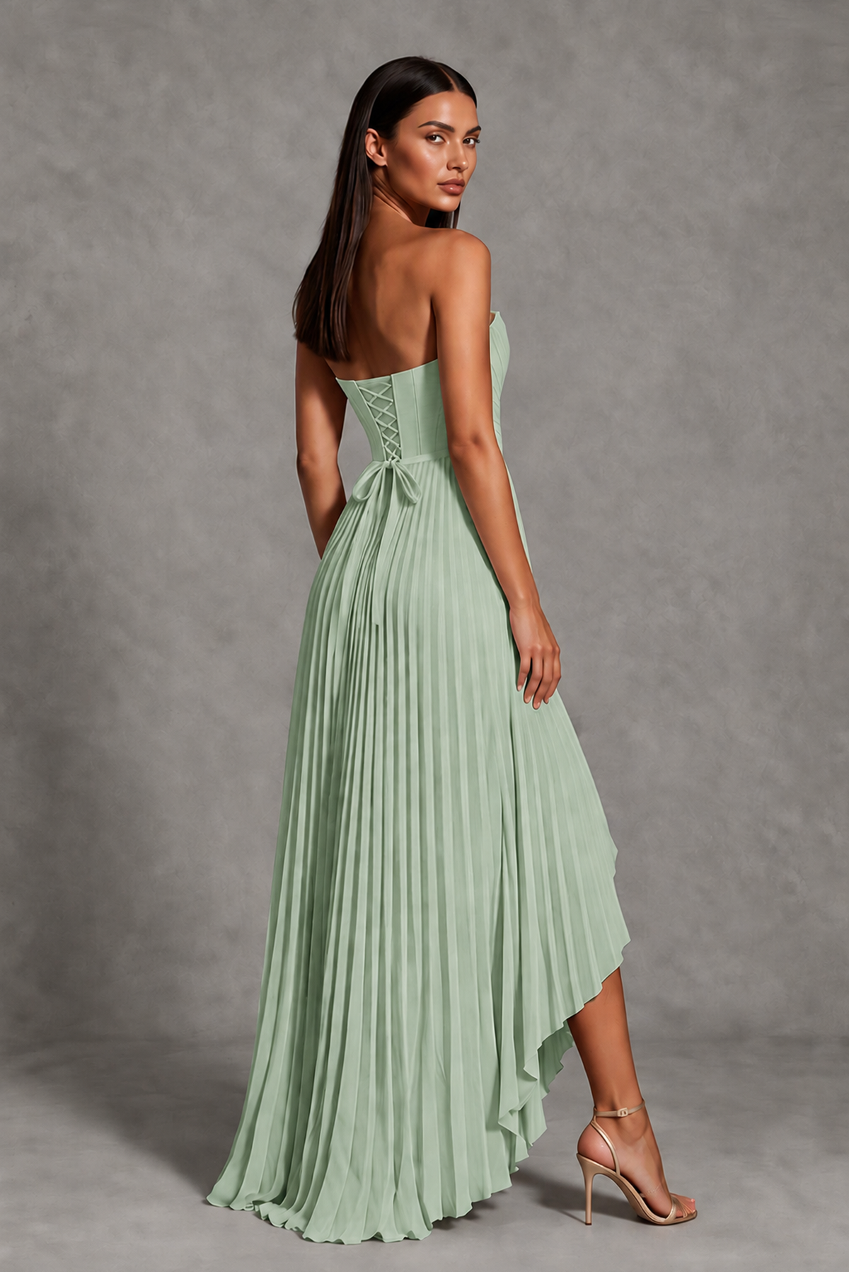 Sage Green Strapless Pleated High-Low Evening Gown with Ruffle Hem - Sage Green