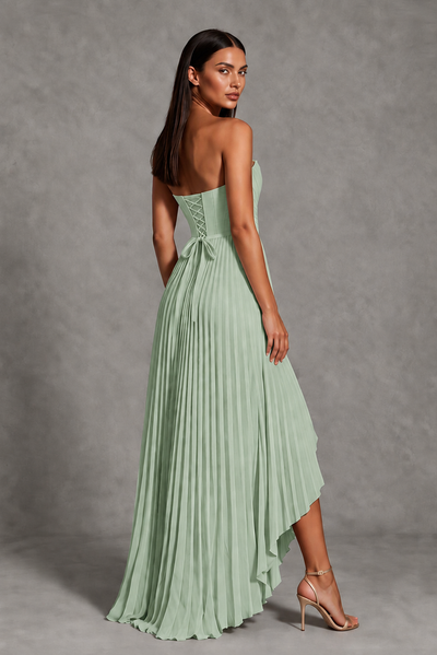 Sage Green Strapless Pleated High-Low Evening Gown with Ruffle Hem - Sage Green