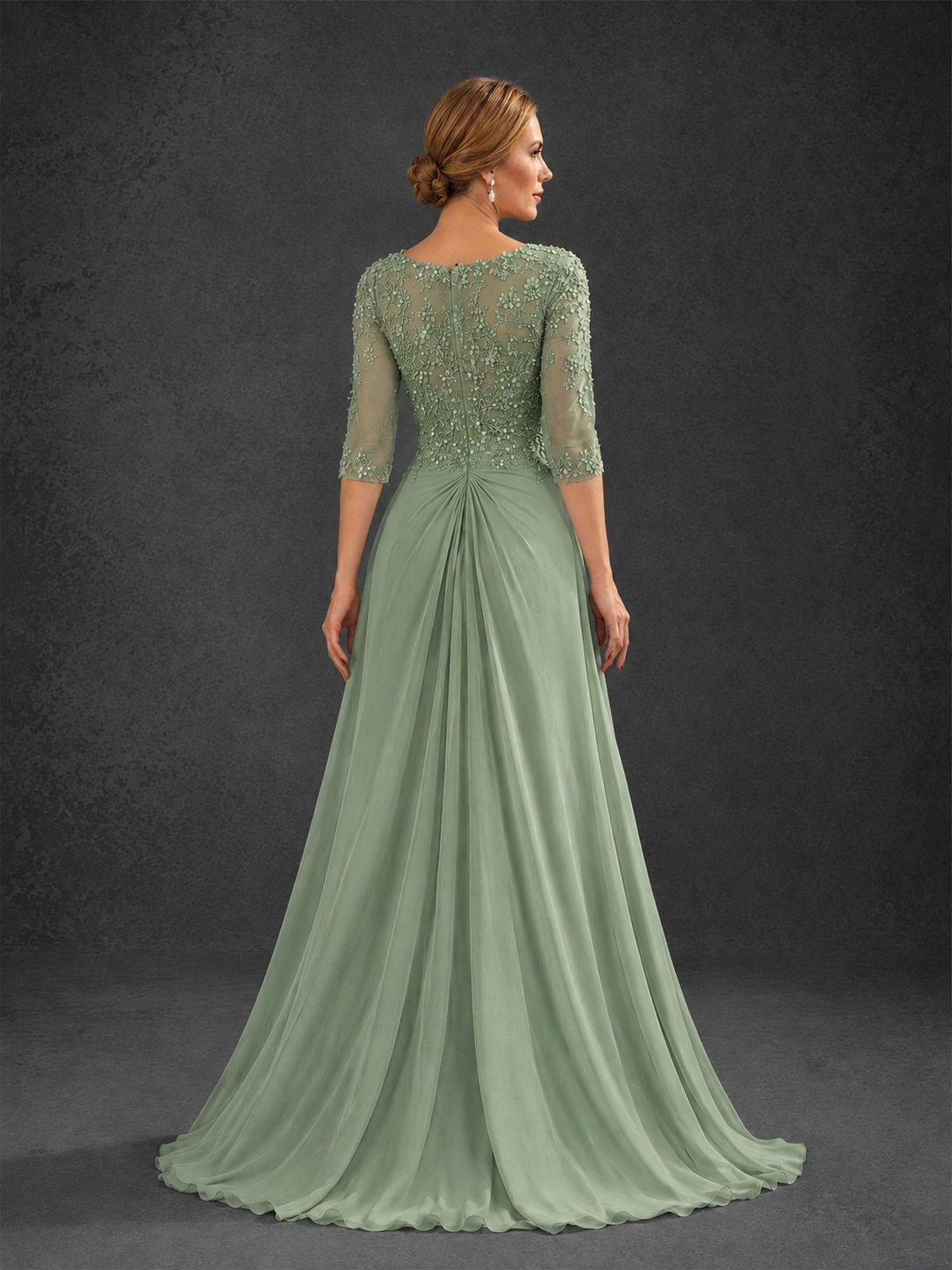 BOLODOO Sage Green Sweetheart Neck 3/4 Sleeve Floral Lace Illusion Bodice Chiffon A-Line Gown - Sage Green